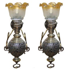 Antique Large Colonial Style Hurricane Wall Lamp, Pair