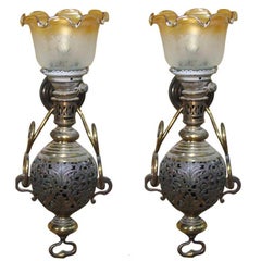 Large Colonial Style Hurricane Wall Lamp, Pair