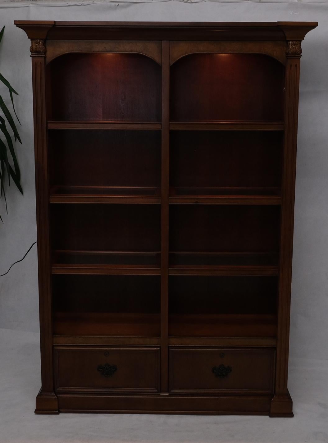 Large Colonial Two Drawer Compartment Double Bookcase Shelf Wall Unit Lights In Good Condition For Sale In Rockaway, NJ