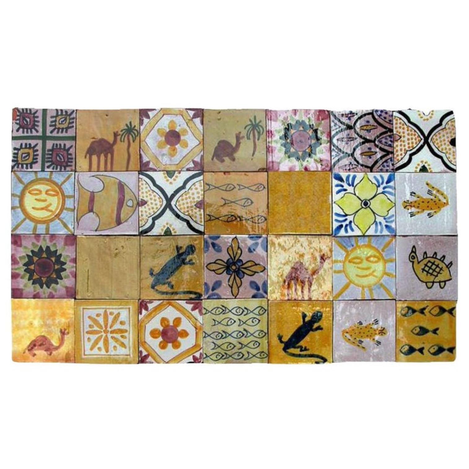 A colorful hand painted panel of 28 moroccan tiles. The tiles show sketches and symbols of the Berber culture. Like fish, camels, flowers, sun and salamanders. Each of them are unique.

The Berbers (or Amazigh) are the indigenous inhabitants of