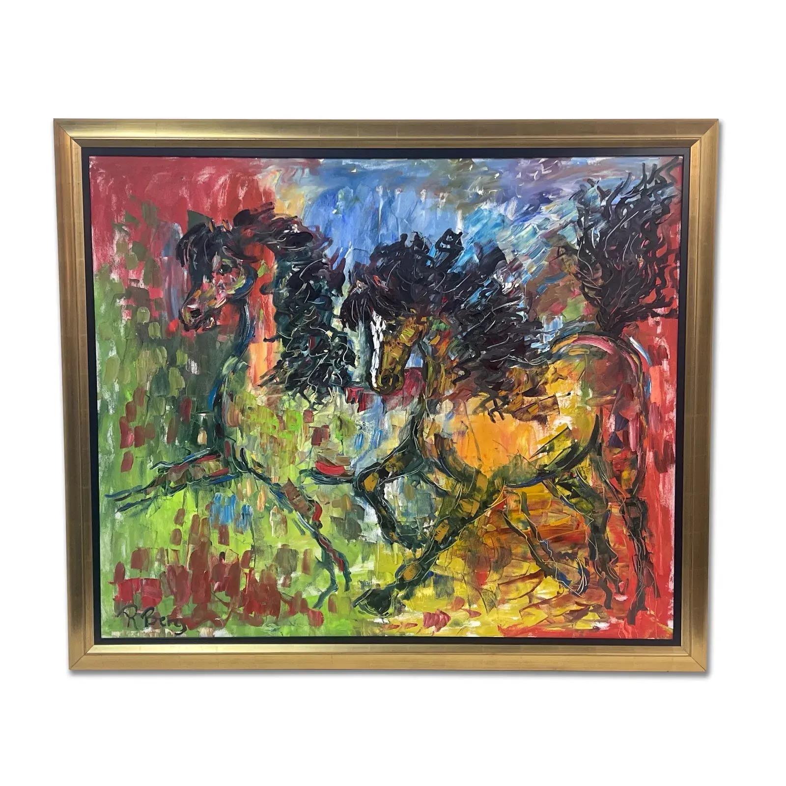Ein lebhaftes, großformatiges expressionistisches Ölgemälde auf Leinwand von R. Berg, das drei Wildpferde in Bewegung zeigt. Die dynamische Komposition wird durch kräftige, pastose Pinselstriche und eine auffällige Farbpalette aus Rot-, Grün-, Blau-