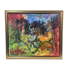 Large Colorful Expressionist Oil Painting of Wild Horses by R. Berg, Framed