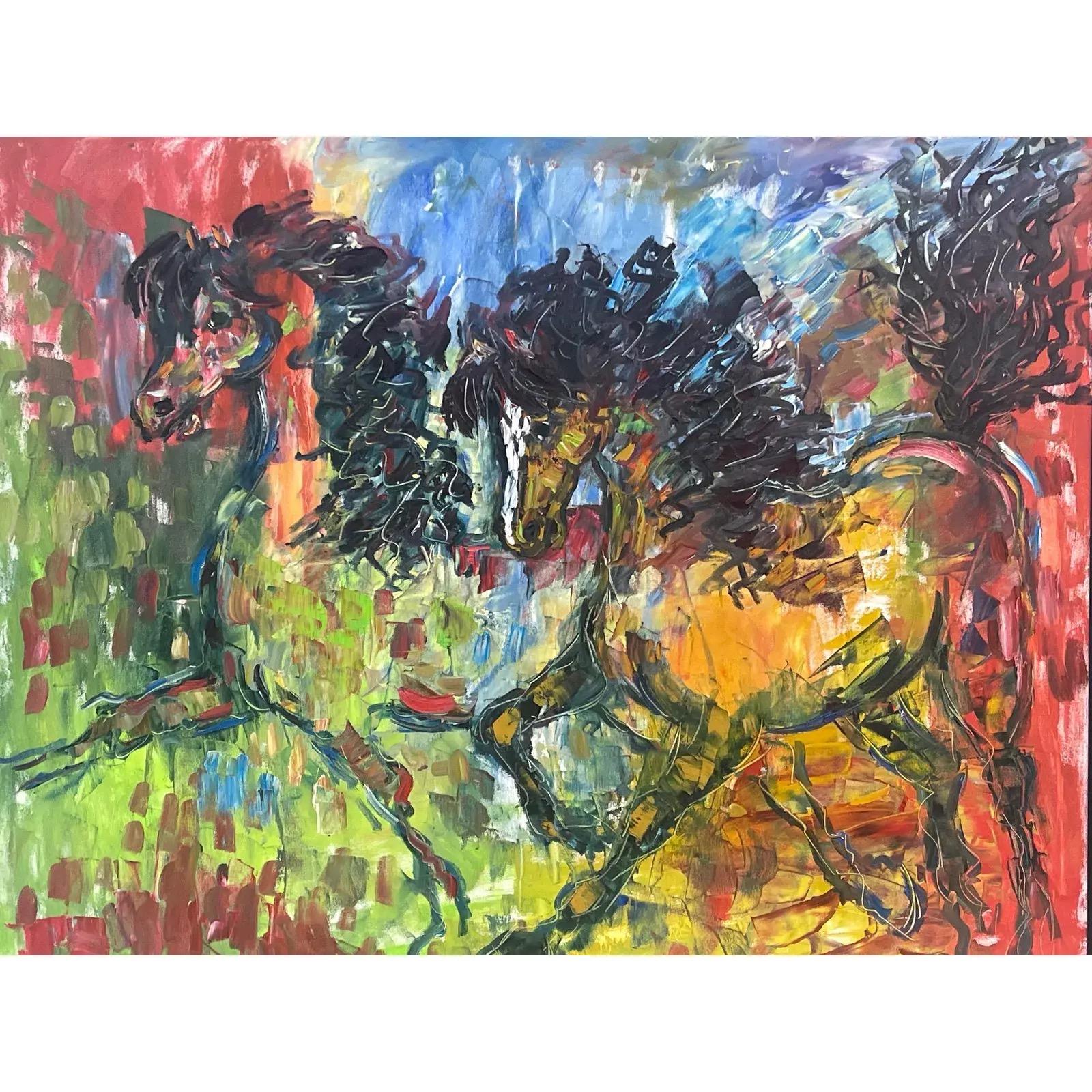 Großes farbenfrohes expressionistisches Ölgemälde von Wildpferden von R. Berg, gerahmt (Moderne der Mitte des Jahrhunderts) im Angebot