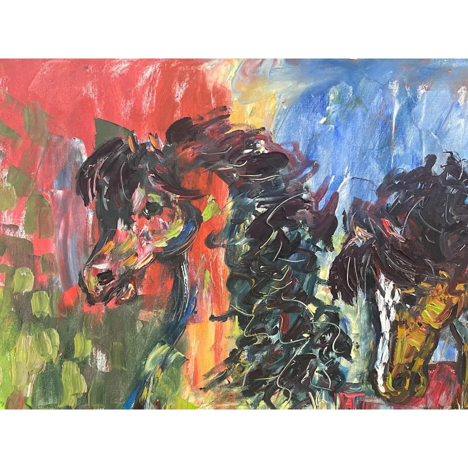 Großes farbenfrohes expressionistisches Ölgemälde von Wildpferden von R. Berg, gerahmt (amerikanisch) im Angebot