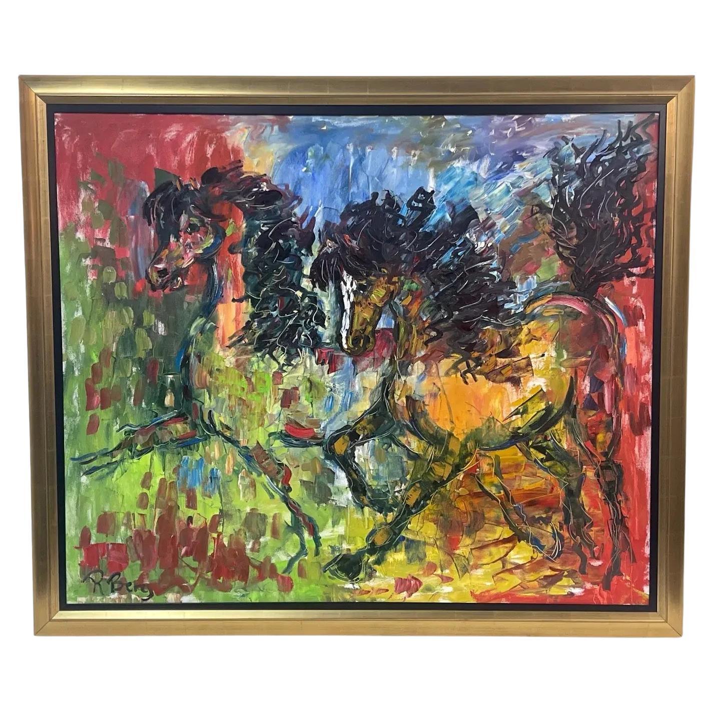Large Colorful Expressionist Oil Painting of Wild Horses by R. Berg, Framed