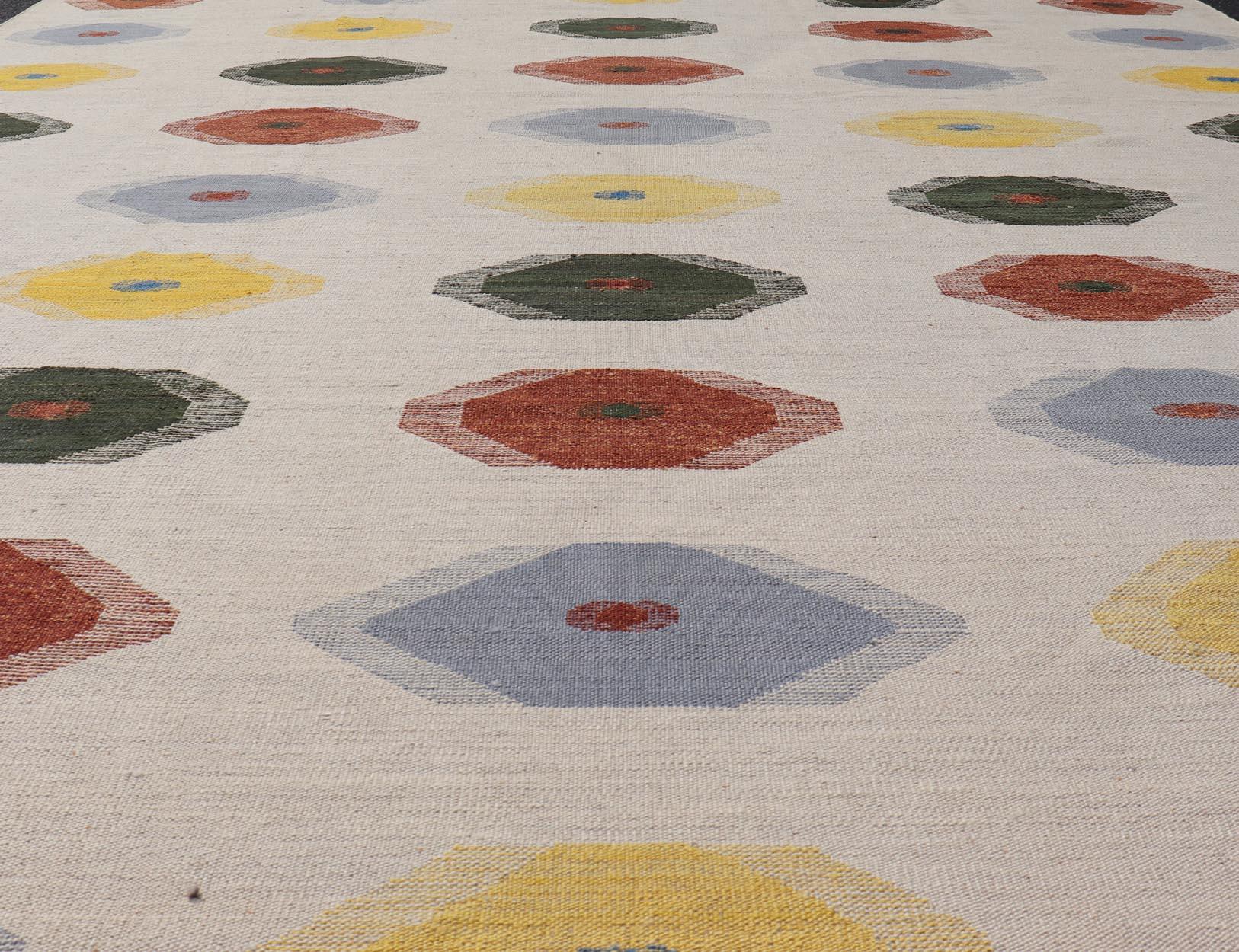 Large Colorful Flat-Weave Kilim Rug with Modern Design On A Ivory Ground  1