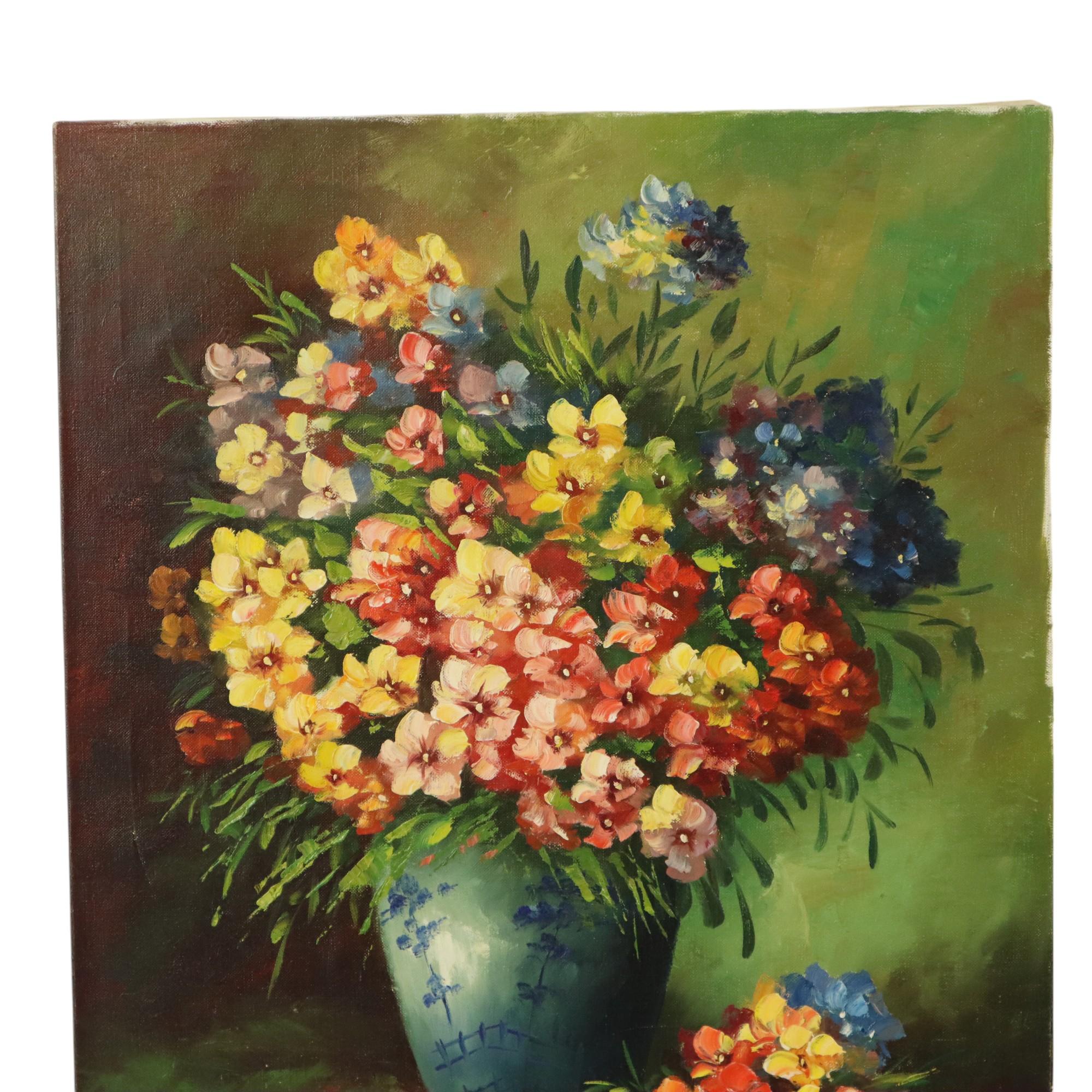 Beautiful large flower still life, painting of colorful flowers in a Delft vase, painted in classical style, signed lower left, second half 2nd century.

Charming, decorative and affordable painting for those who still want to bring a touch of art