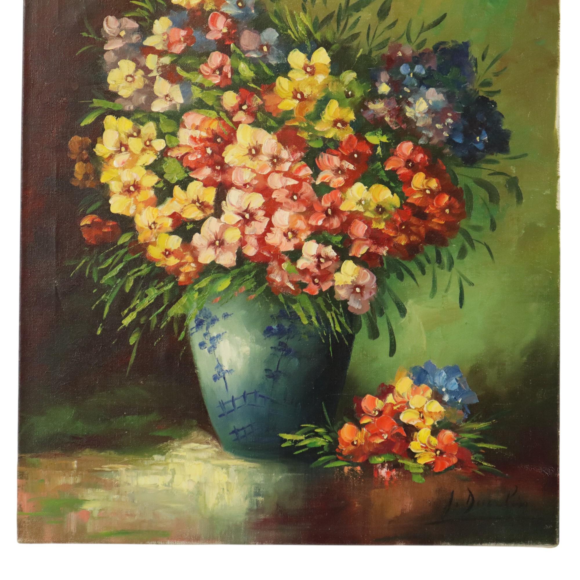 Art Nouveau Large Colorful Flowers Still Life Painting Signed 60x50cm For Sale