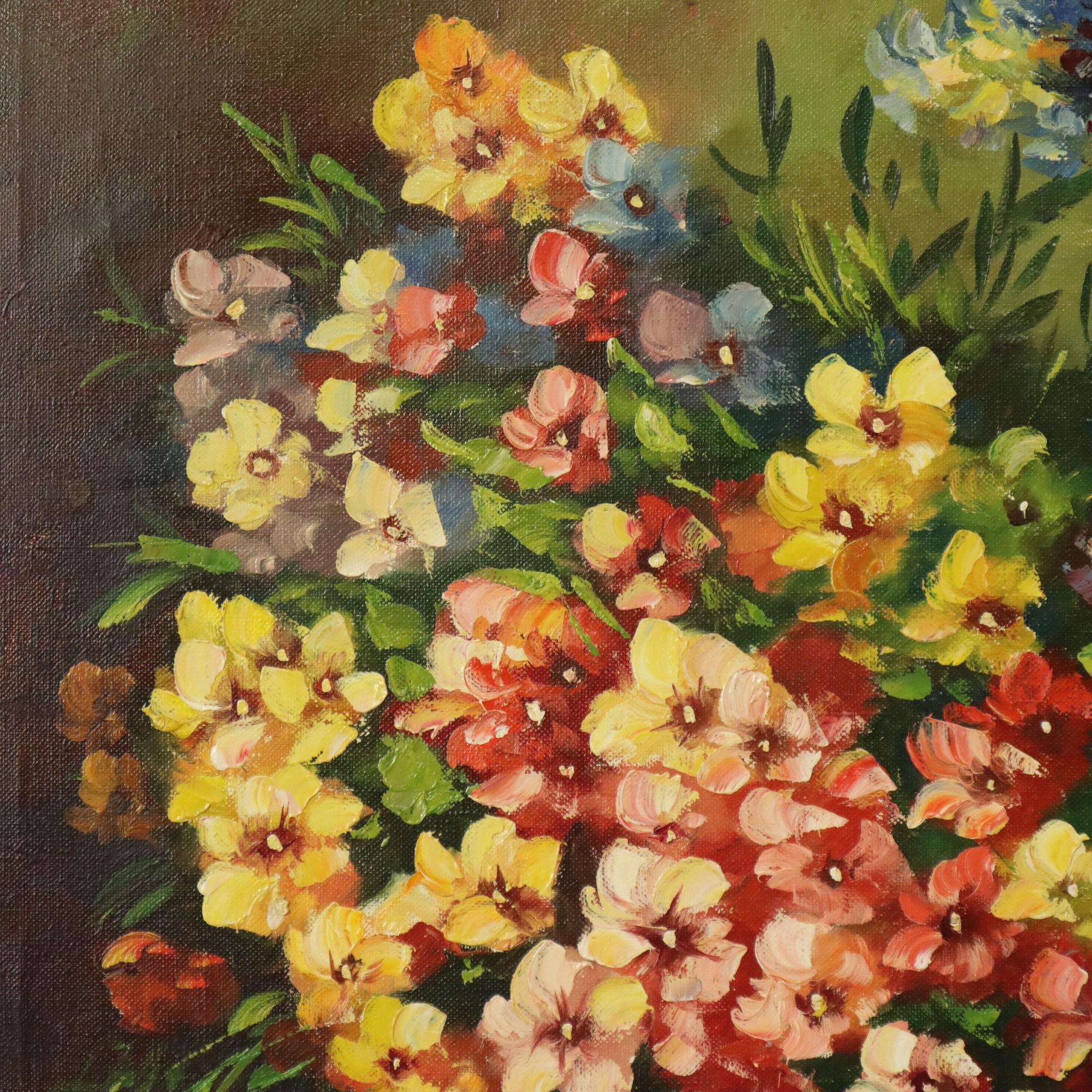 Mid-20th Century Large Colorful Flowers Still Life Painting Signed 60x50cm For Sale