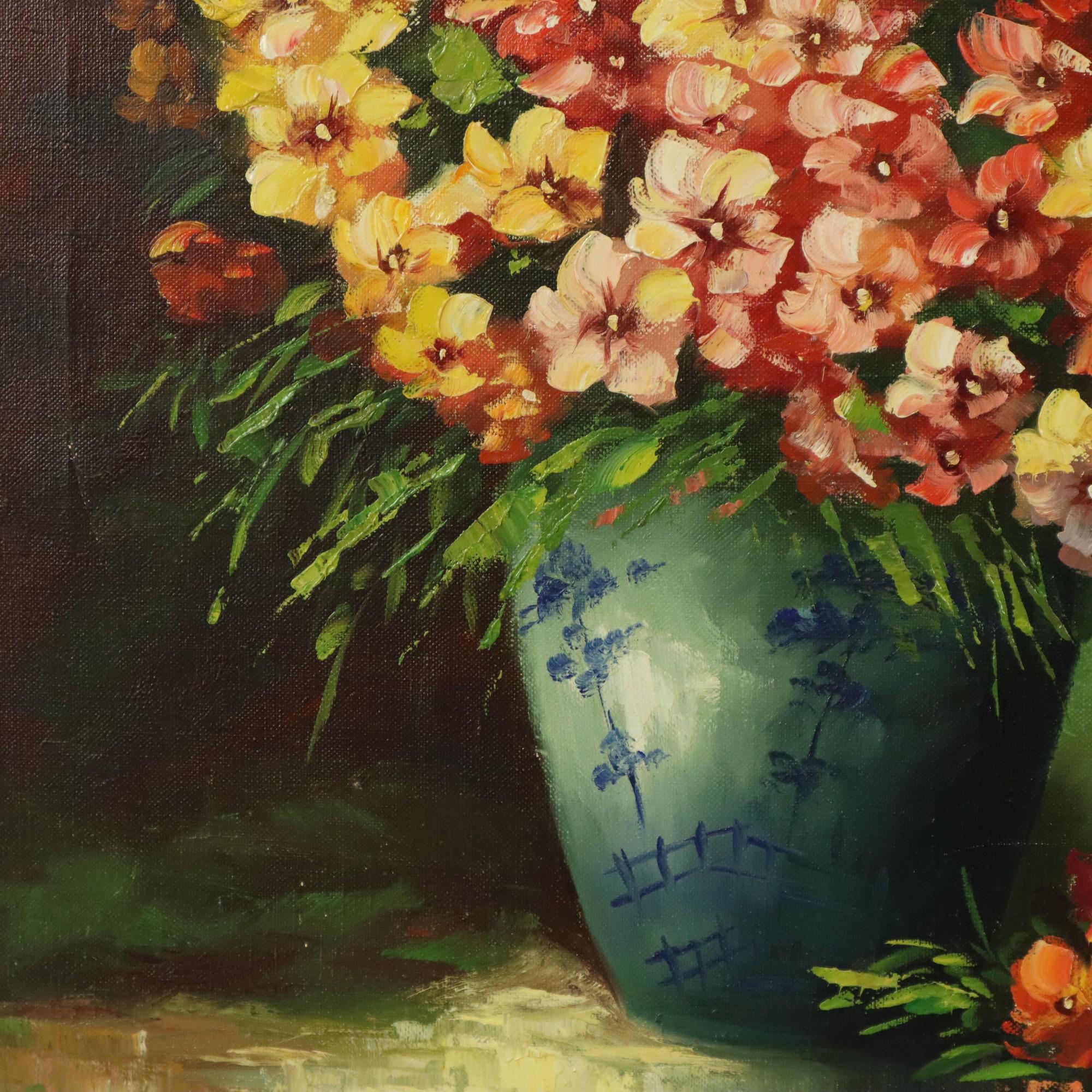 Canvas Large Colorful Flowers Still Life Painting Signed 60x50cm For Sale