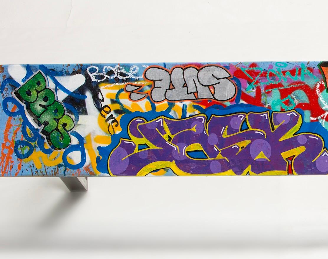 Large Colorful Graffiti Tagged Wood Bench In Excellent Condition For Sale In East Quogue, NY
