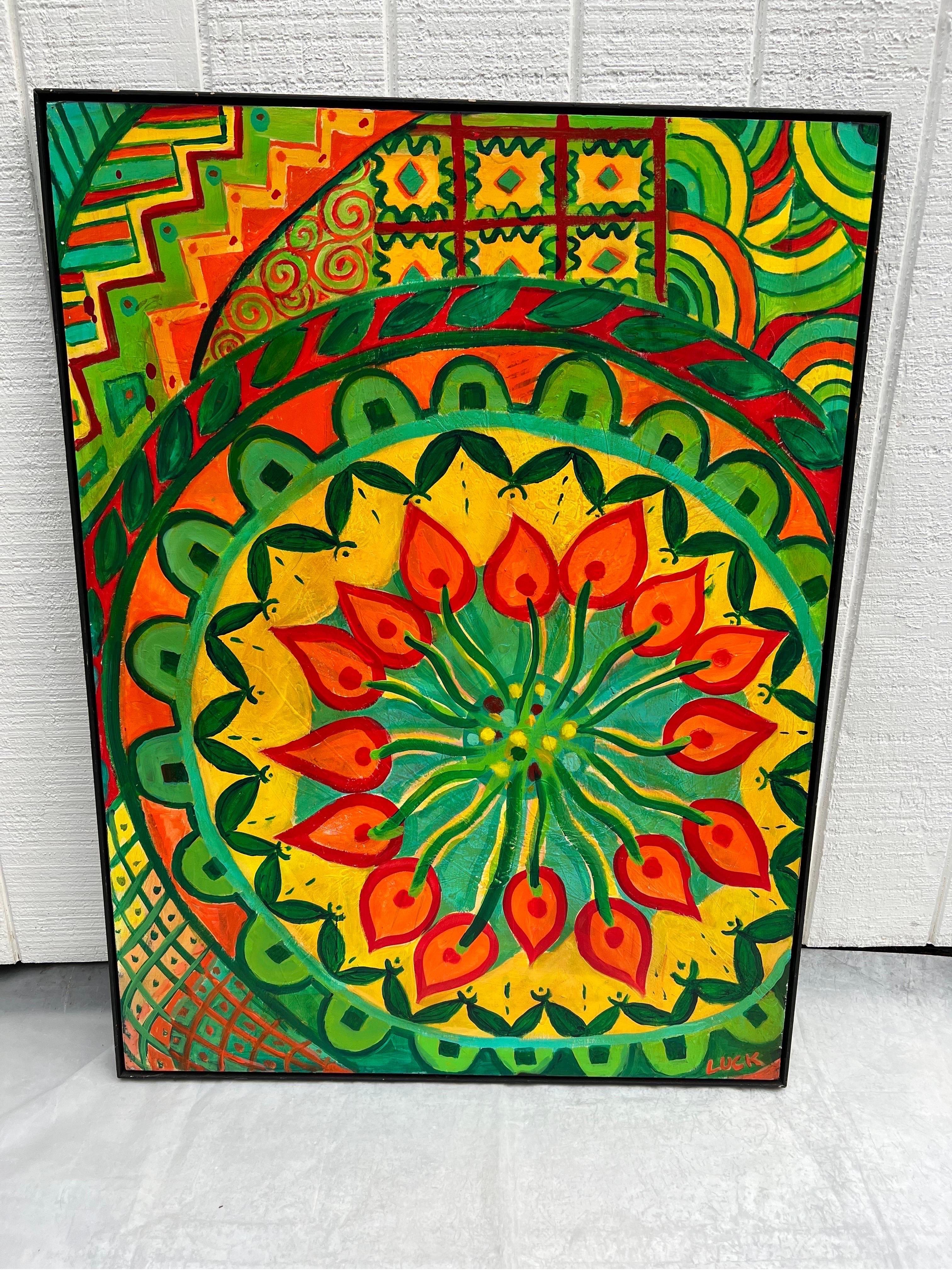 Grande dipinto meditativo colorato di Greene & Greene di Carol Bertrand.
Incredibile tela colorata di grandi dimensioni con verde, arancione, giallo e blu. Firmato LUCK in basso a destra. Questo articolo può essere spedito con pacco postale.