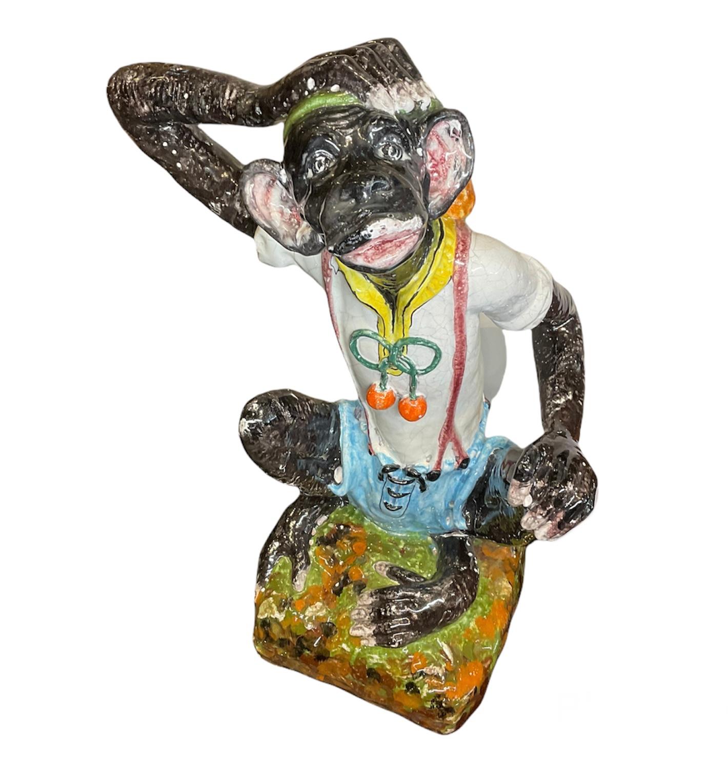 Italian Large Colorful Hand Painted Majolica Monkey Sculpture For Sale