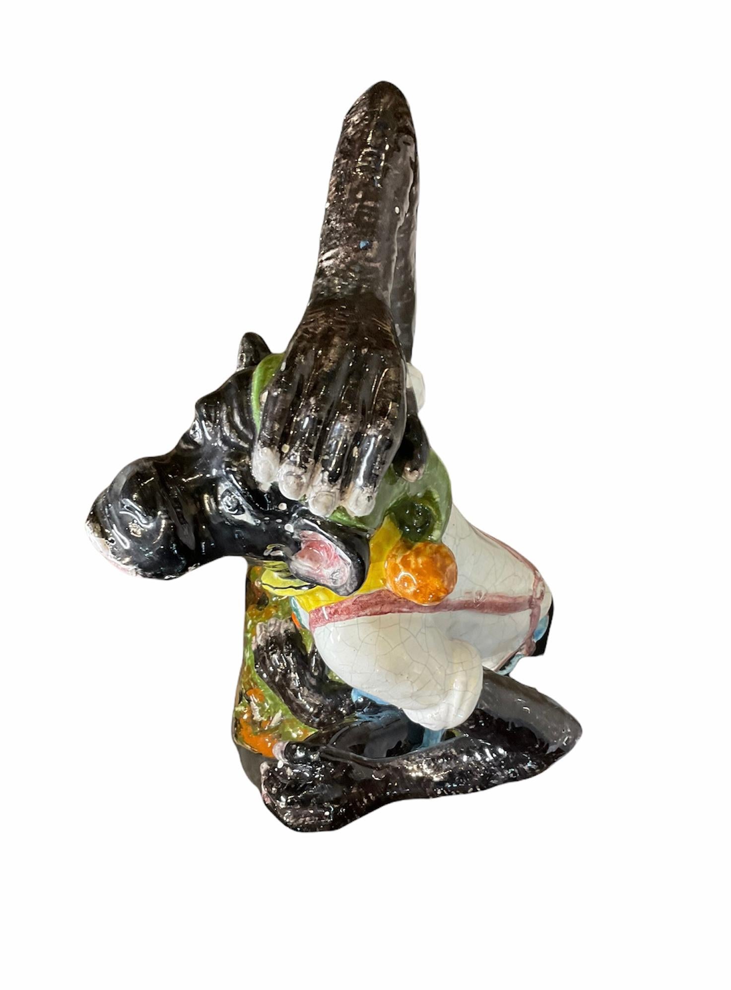 Hand-Crafted Large Colorful Hand Painted Majolica Monkey Sculpture For Sale