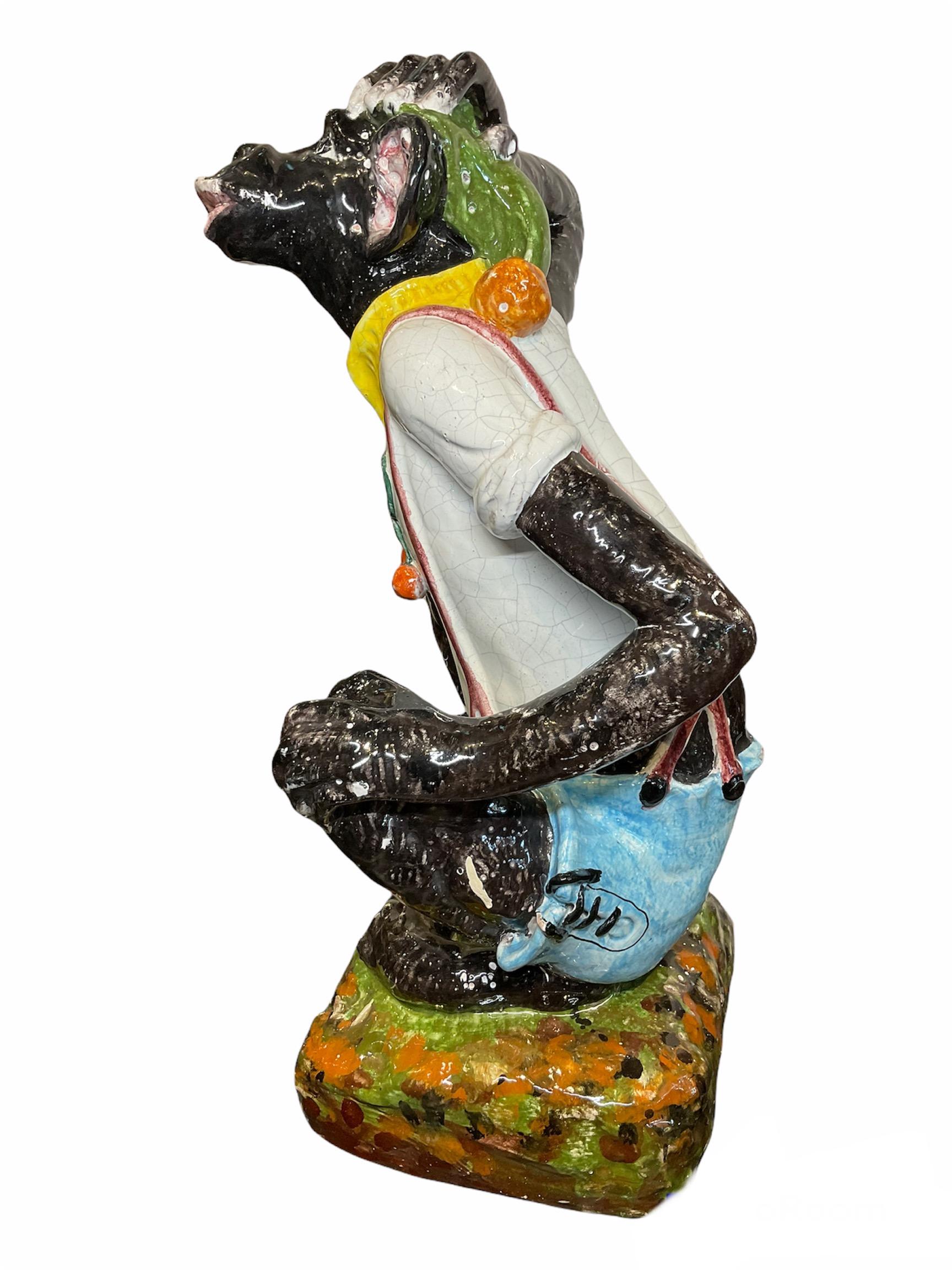 Large Colorful Hand Painted Majolica Monkey Sculpture For Sale 1