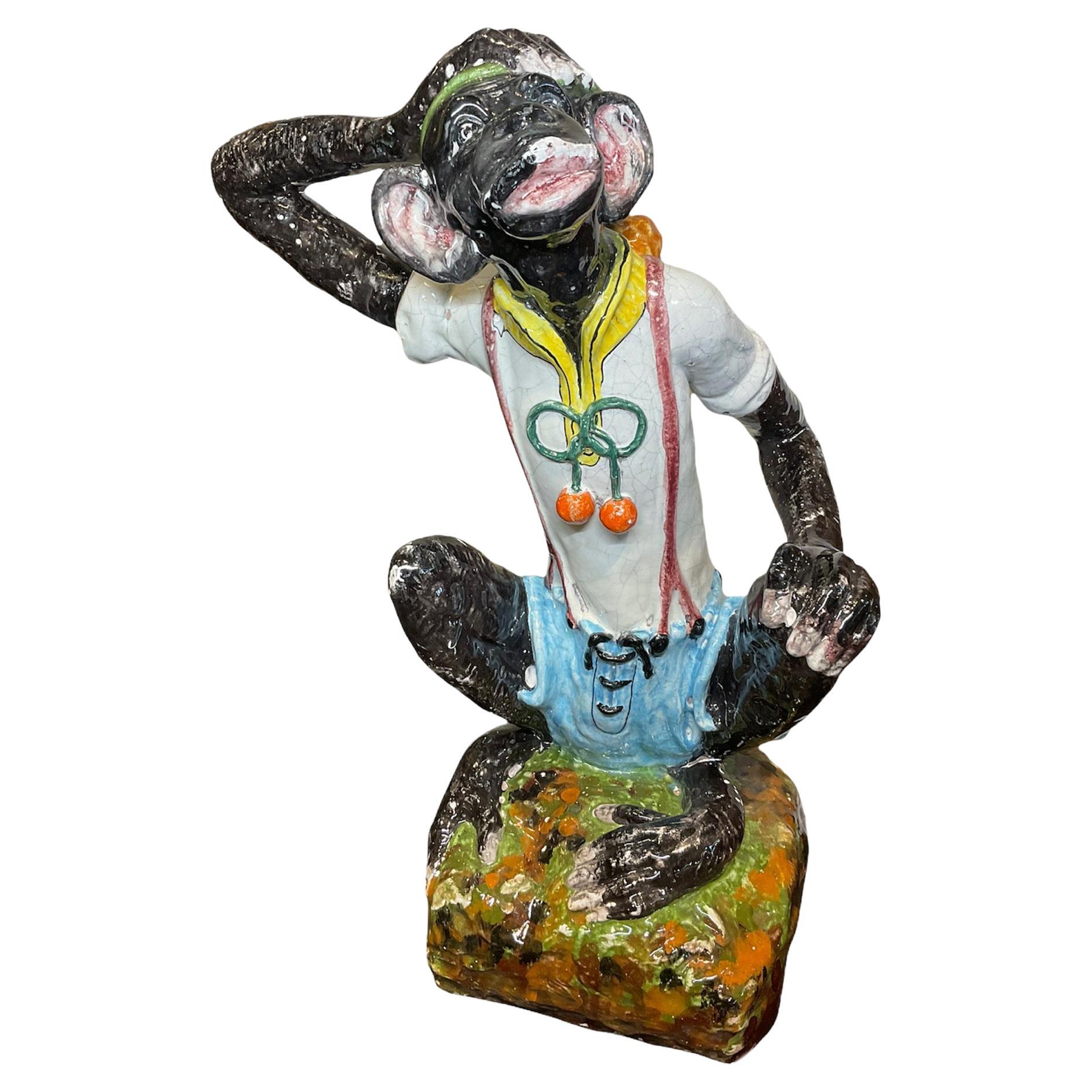 Large Colorful Hand Painted Majolica Monkey Sculpture For Sale