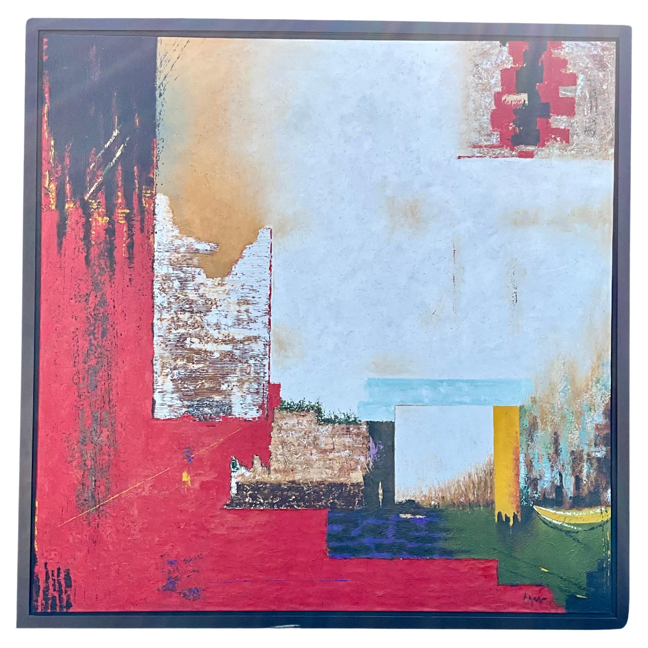 Große bunte Impasto abstrakte Ölgemälde signiert 1990's
Dieses auffallend große Impasto-Ölgemälde auf Leinwand misst 75 Zoll im Quadrat und zeigt eine dynamische abstrakte Komposition. Die in einer leuchtenden Farbpalette von Gelb, Rot, Blau,
