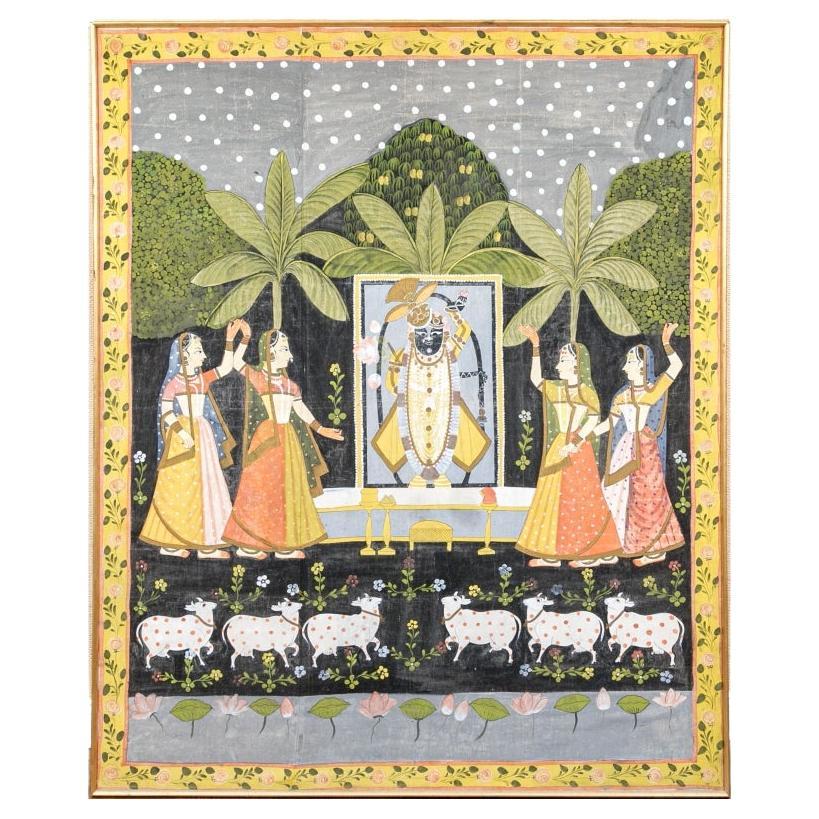 Grande et colorée peinture indienne de Pichwai sur tissu en vente