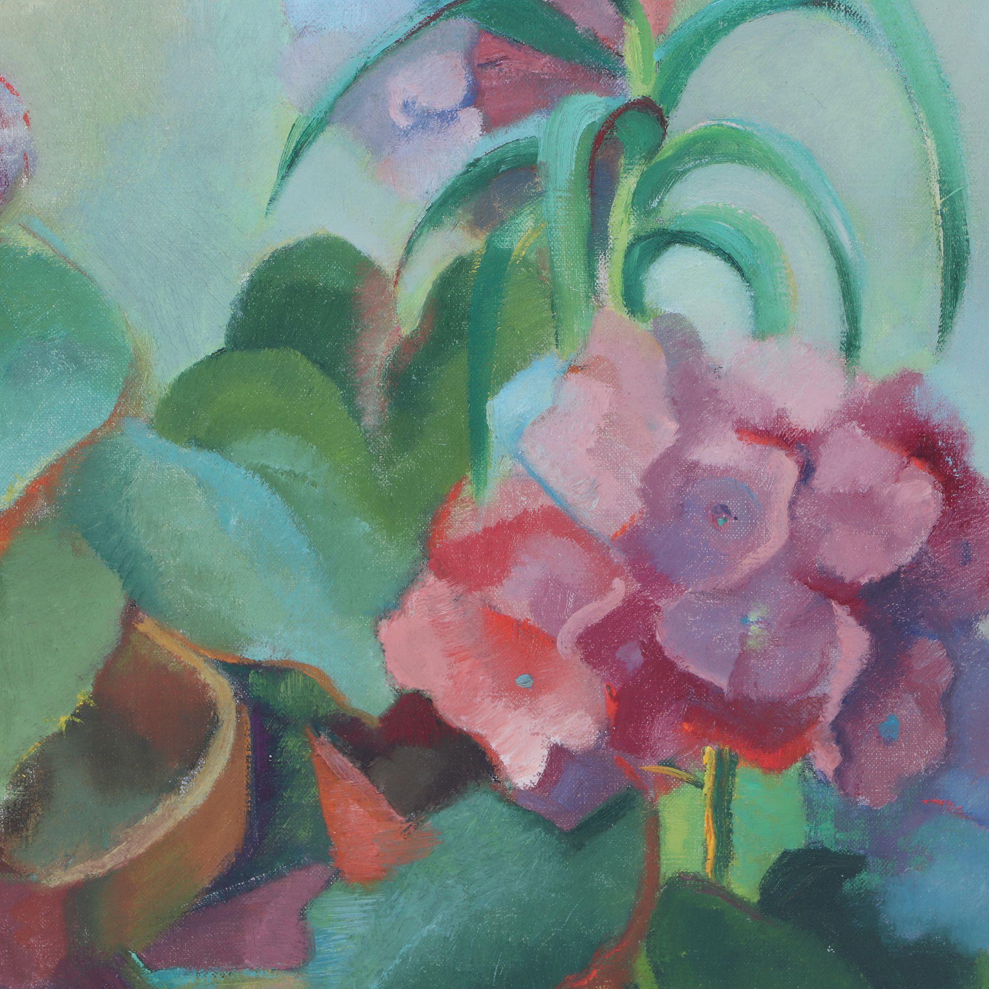 Modern Large Colorful Mid 20th Century Oil Painting - Still Life of Greenhouse Flowers For Sale