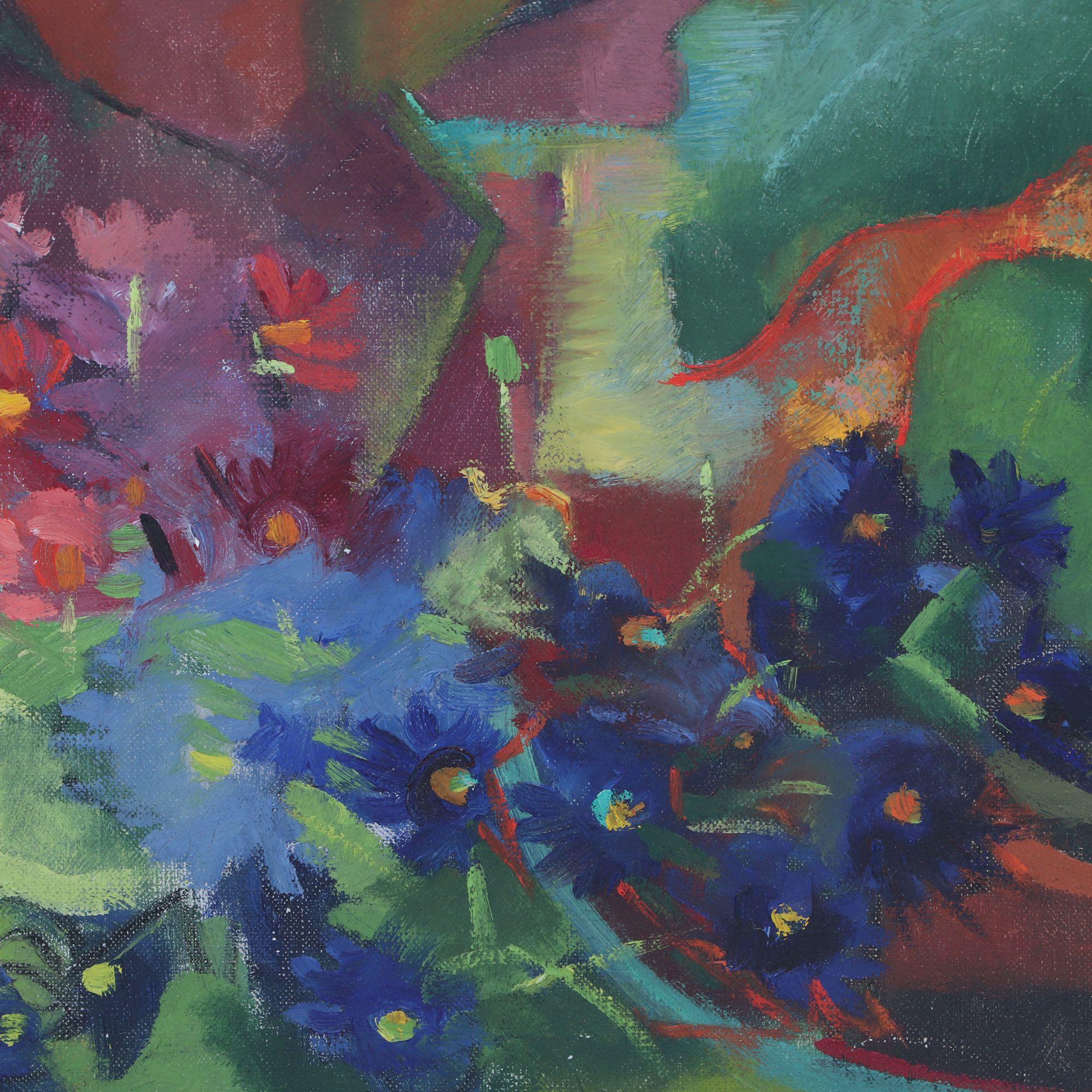 American Large Colorful Mid 20th Century Oil Painting - Still Life of Greenhouse Flowers For Sale