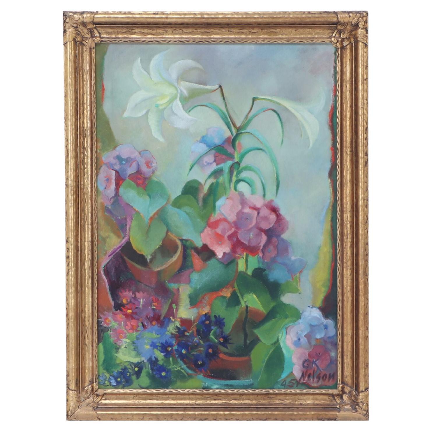 Large Colorful Mid 20th Century Oil Painting - Still Life of Greenhouse Flowers For Sale