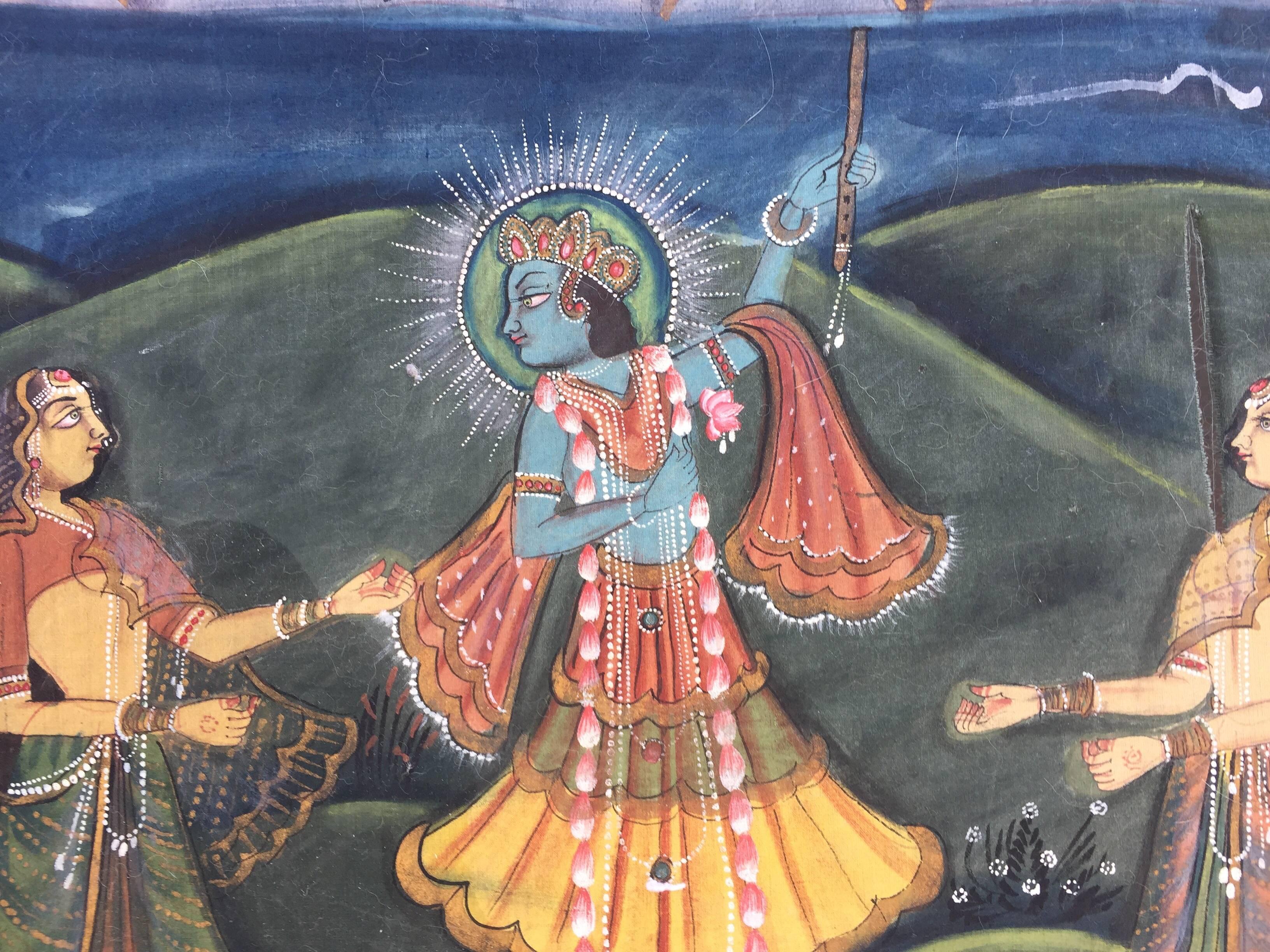 Large Colorful Pichhavai Silk Asian Painting with Krishna and Female Gopis 3