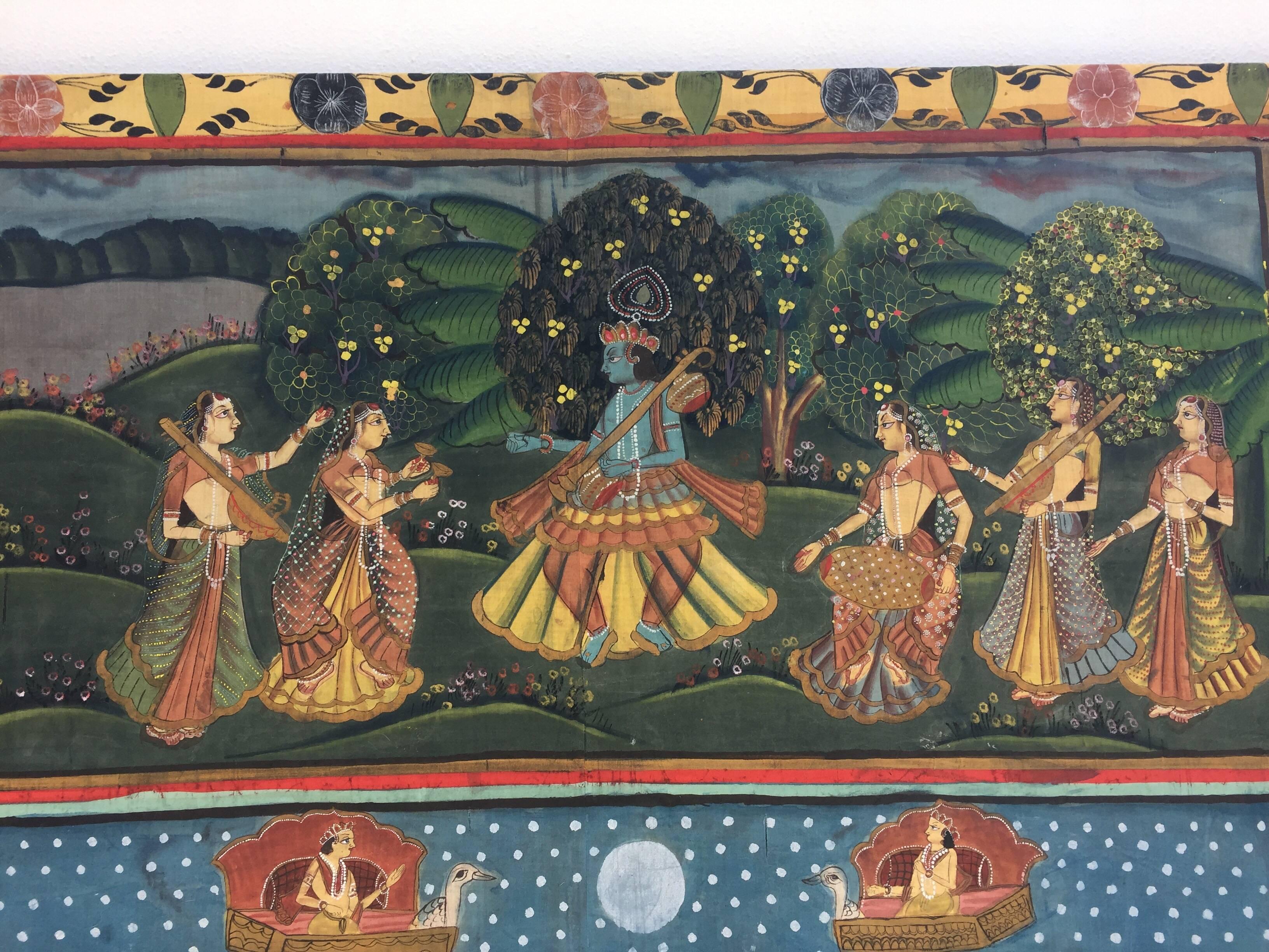 Large Colorful Pichhavai Silk Asian Painting with Krishna and Female Gopis 4