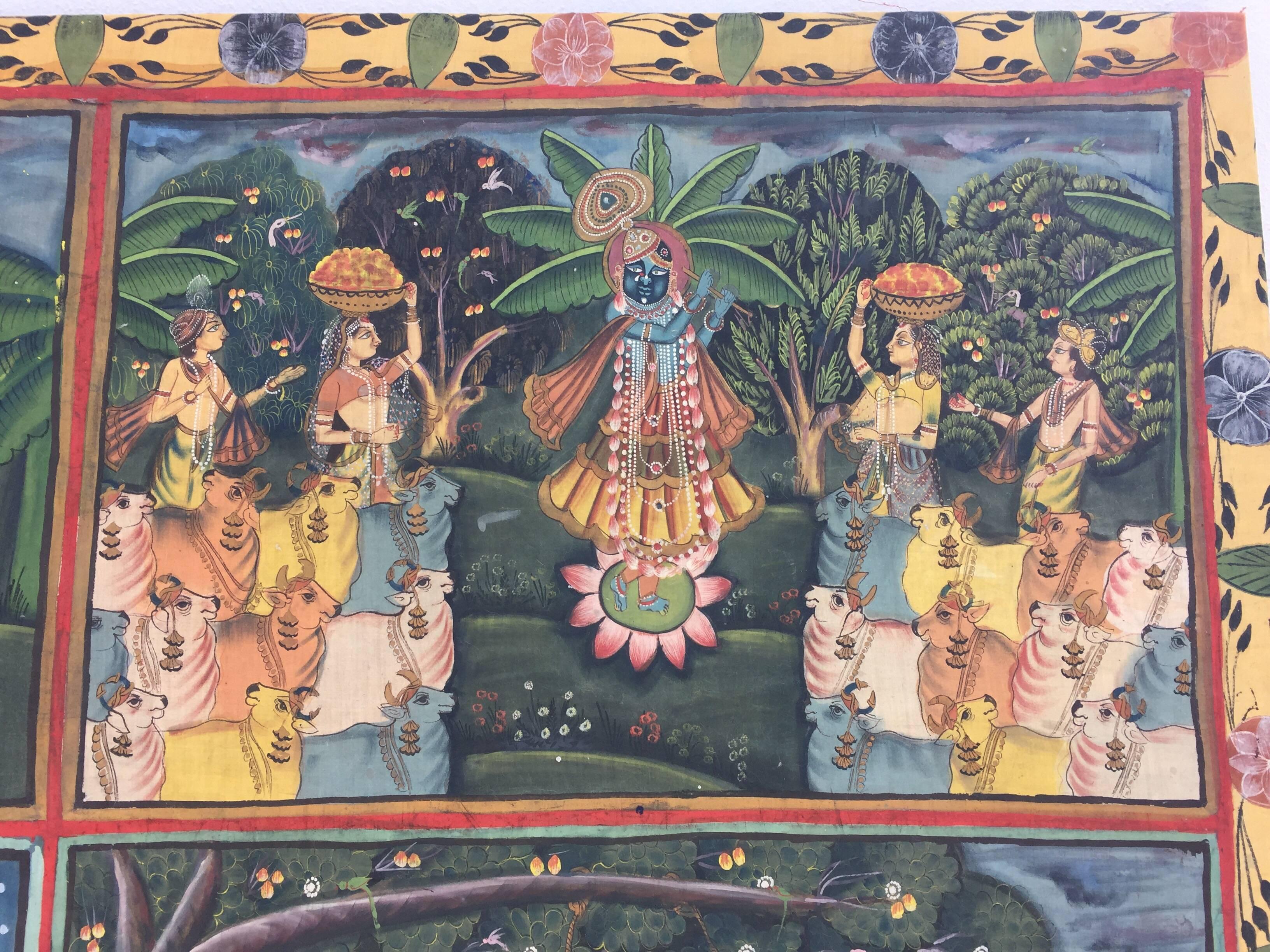 Large Colorful Pichhavai Silk Asian Painting with Krishna and Female Gopis 5