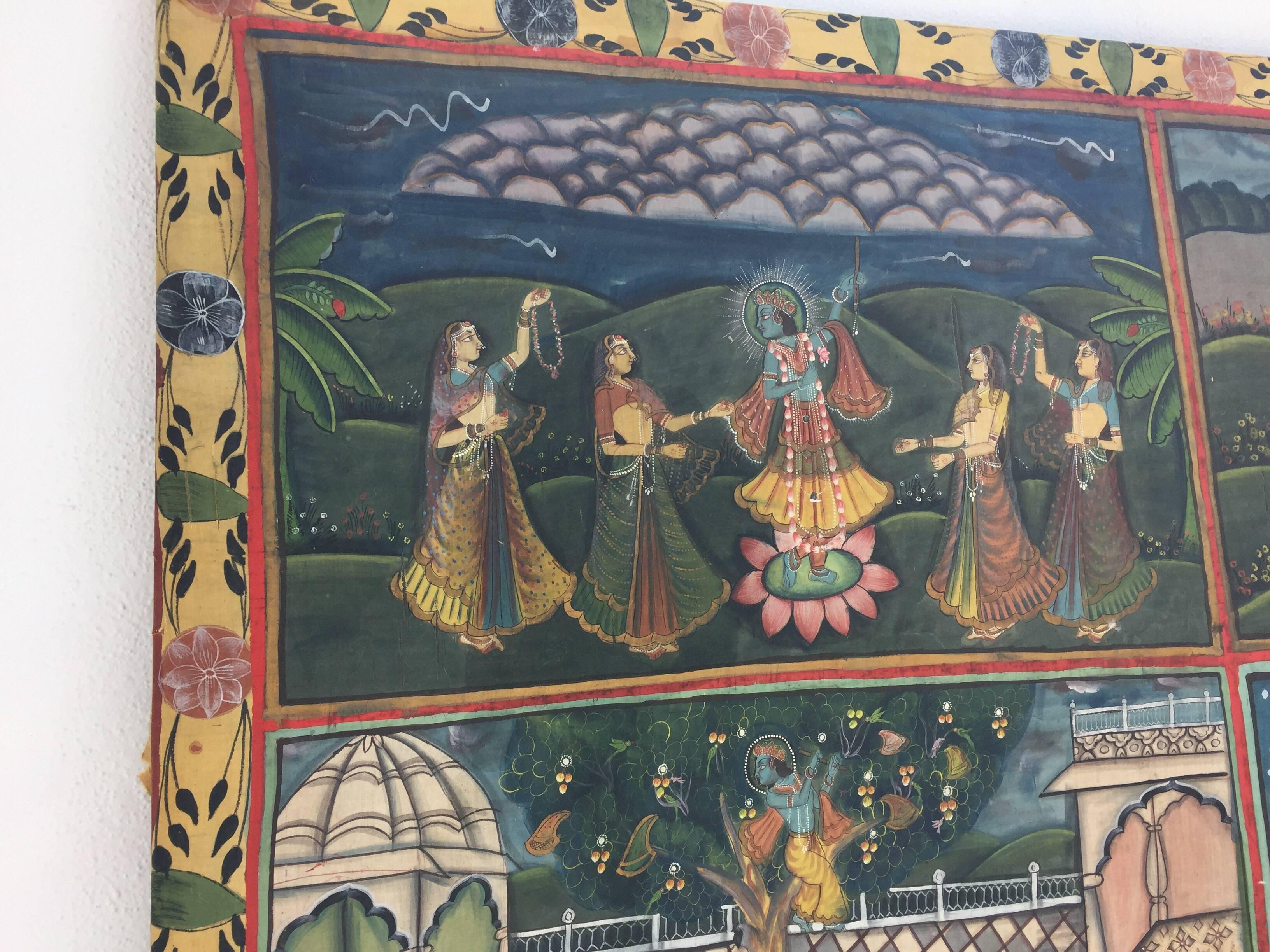 Large Colorful Pichhavai Silk Asian Painting with Krishna and Female Gopis 8