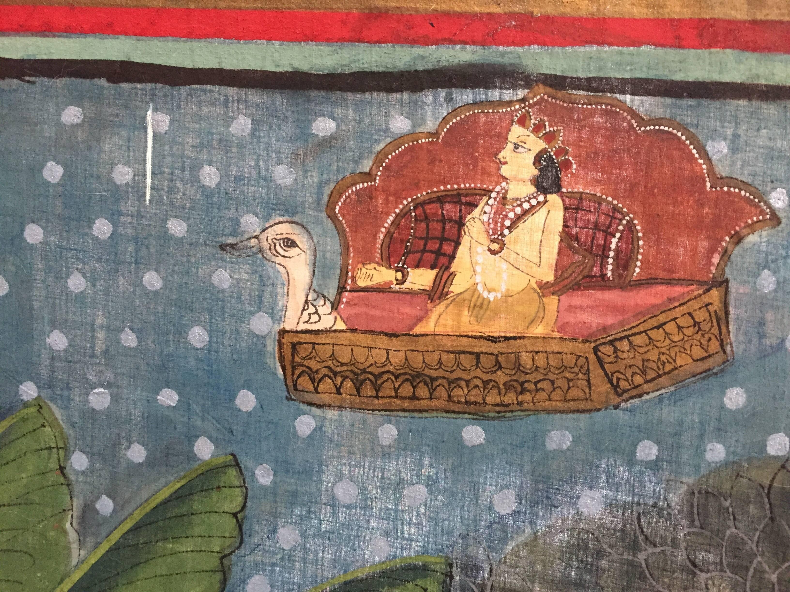 Large Colorful Pichhavai Silk Asian Painting with Krishna and Female Gopis 10