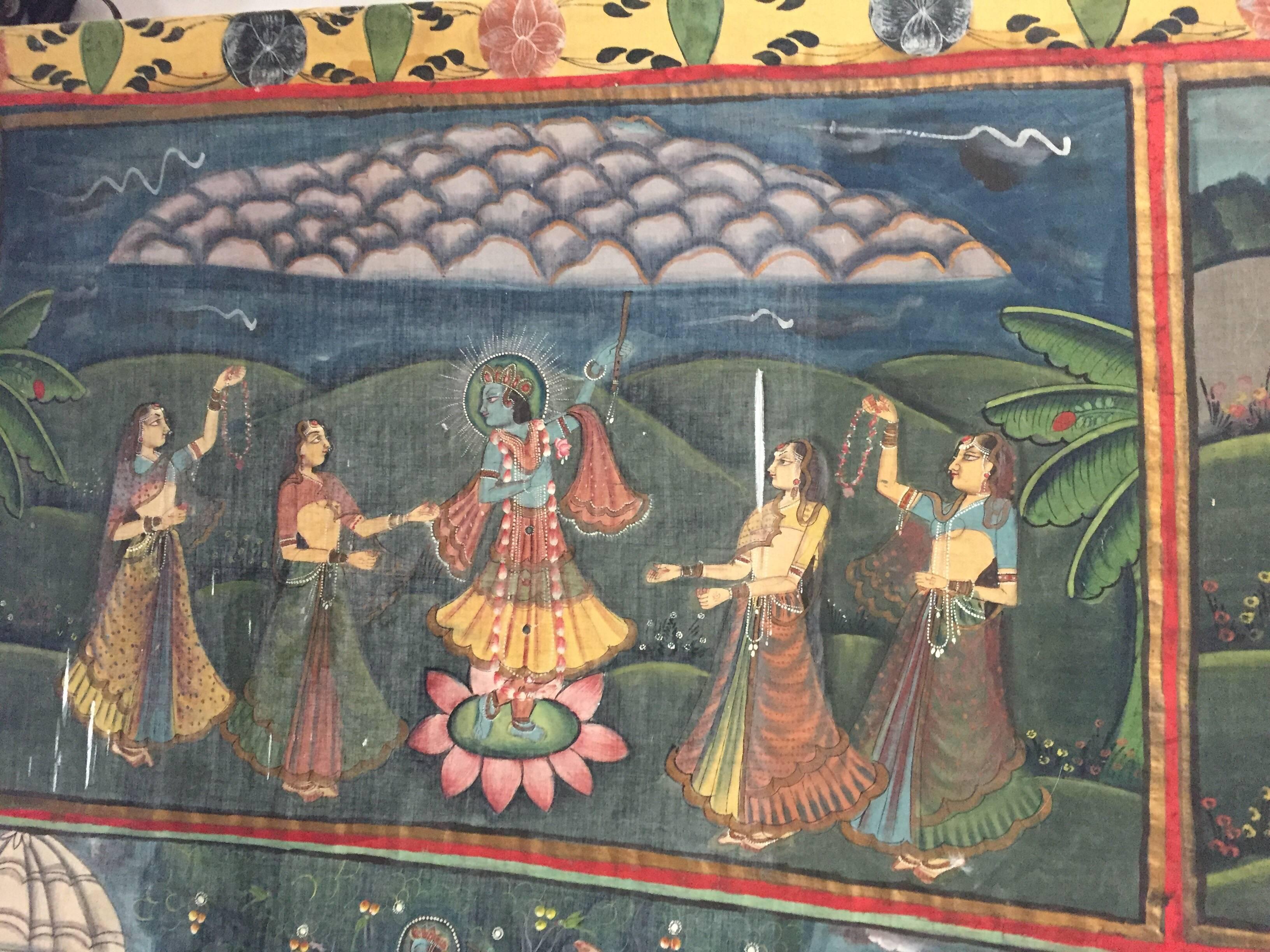 Large Colorful Pichhavai Silk Asian Painting with Krishna and Female Gopis 11