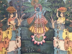 Large Colorful Pichhavai Silk Asian Painting with Krishna and Female Gopis