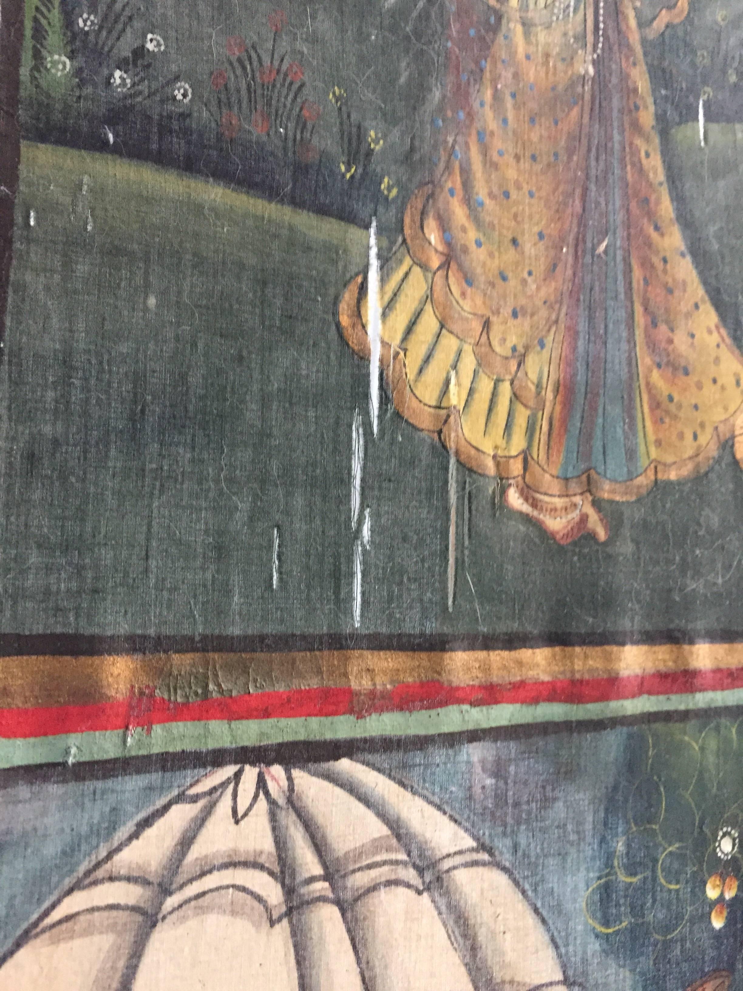 Large Colorful Pichhavai Silk Asian Painting with Krishna and Female Gopis 13