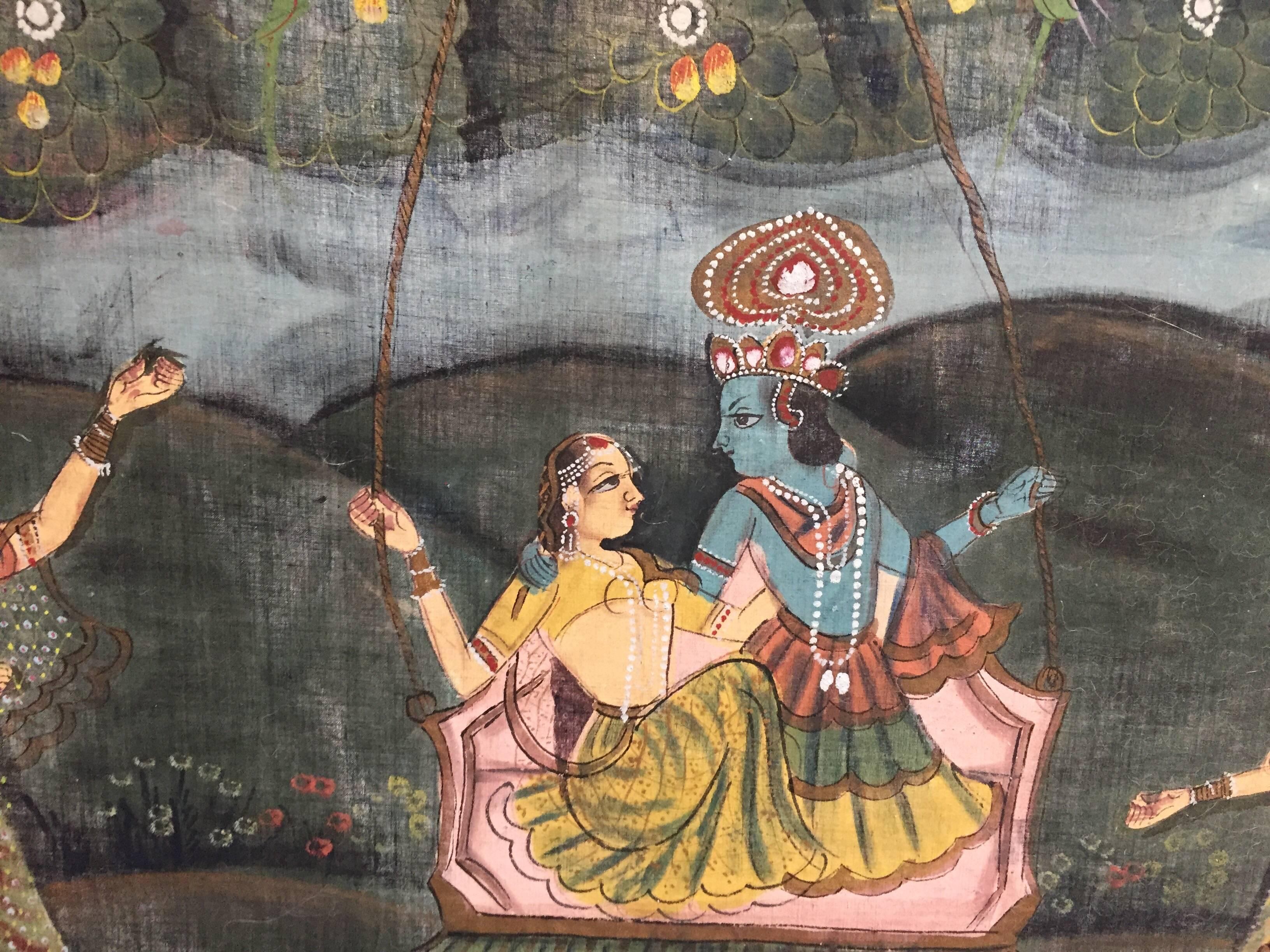 Anglo Raj Large Colorful Pichhavai Silk Asian Painting with Krishna and Female Gopis