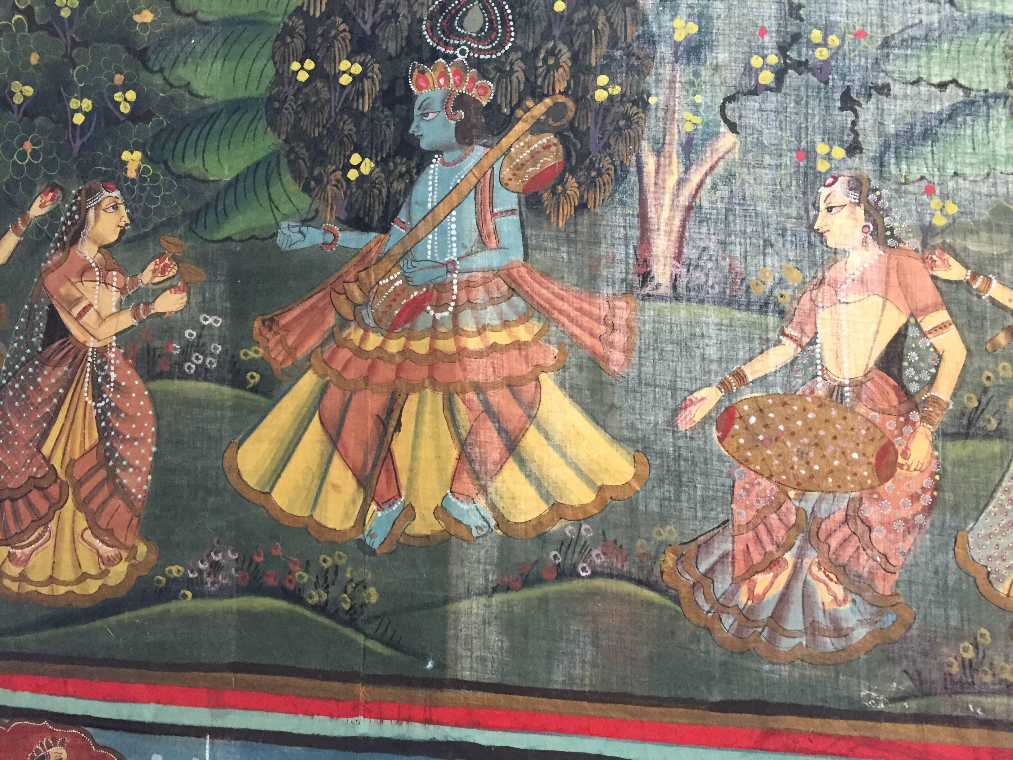 Indian Large Colorful Pichhavai Silk Asian Painting with Krishna and Female Gopis