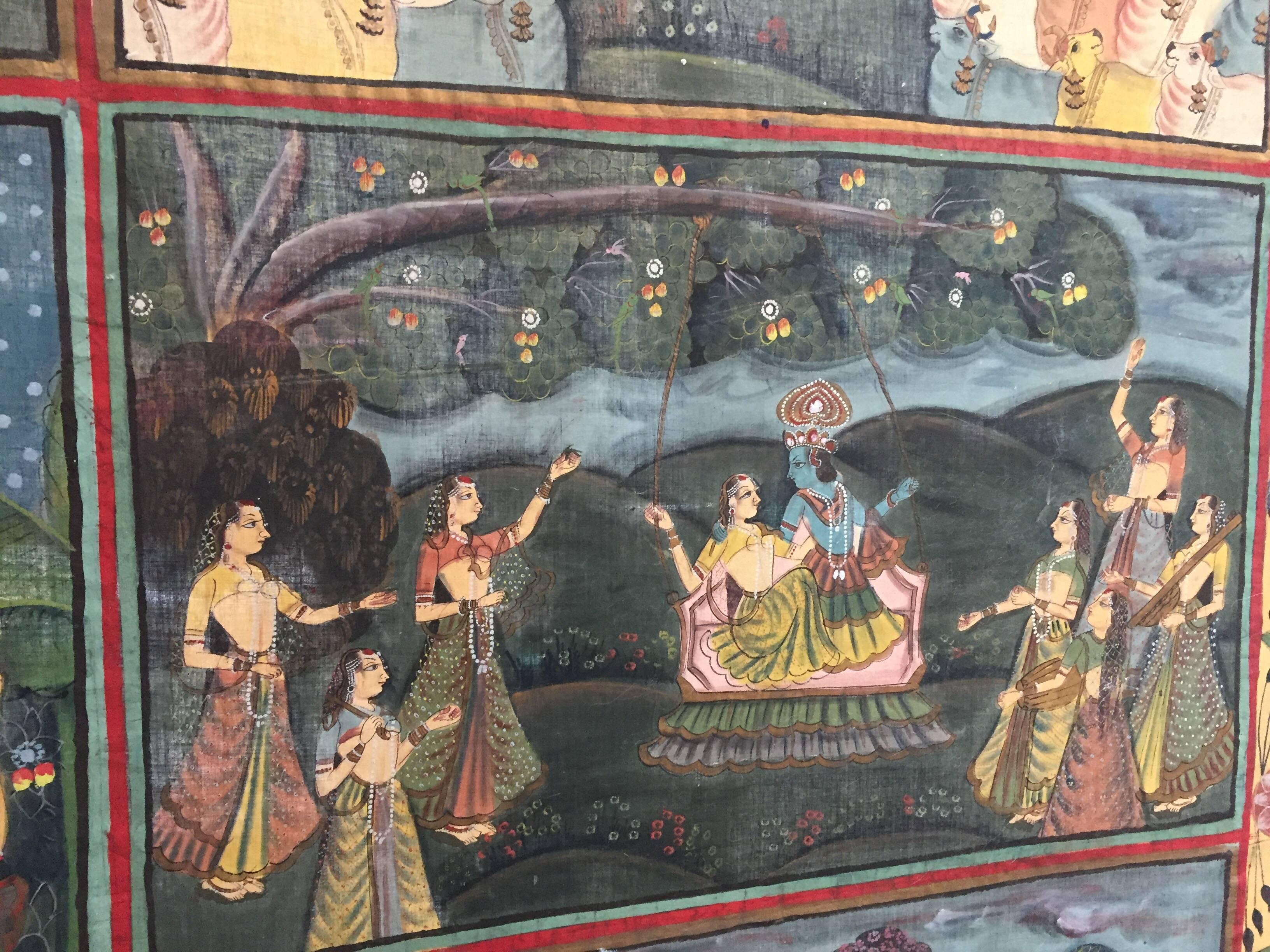 Large Colorful Pichhavai Silk Asian Painting with Krishna and Female Gopis In Fair Condition In North Hollywood, CA
