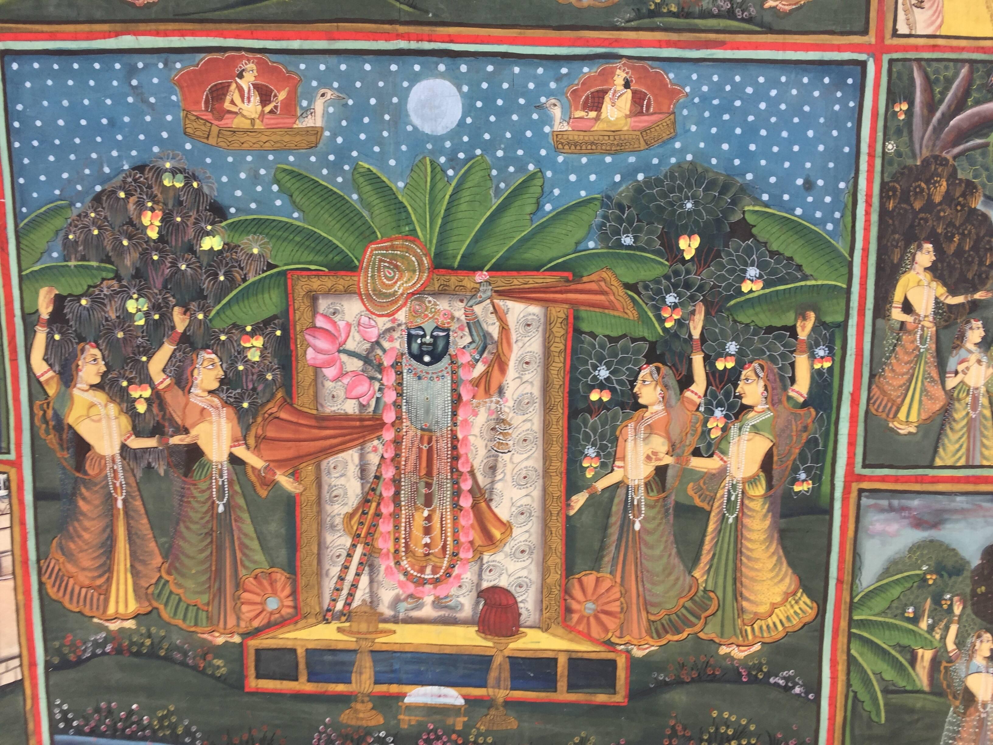 Mid-20th Century Large Colorful Pichhavai Silk Asian Painting with Krishna and Female Gopis