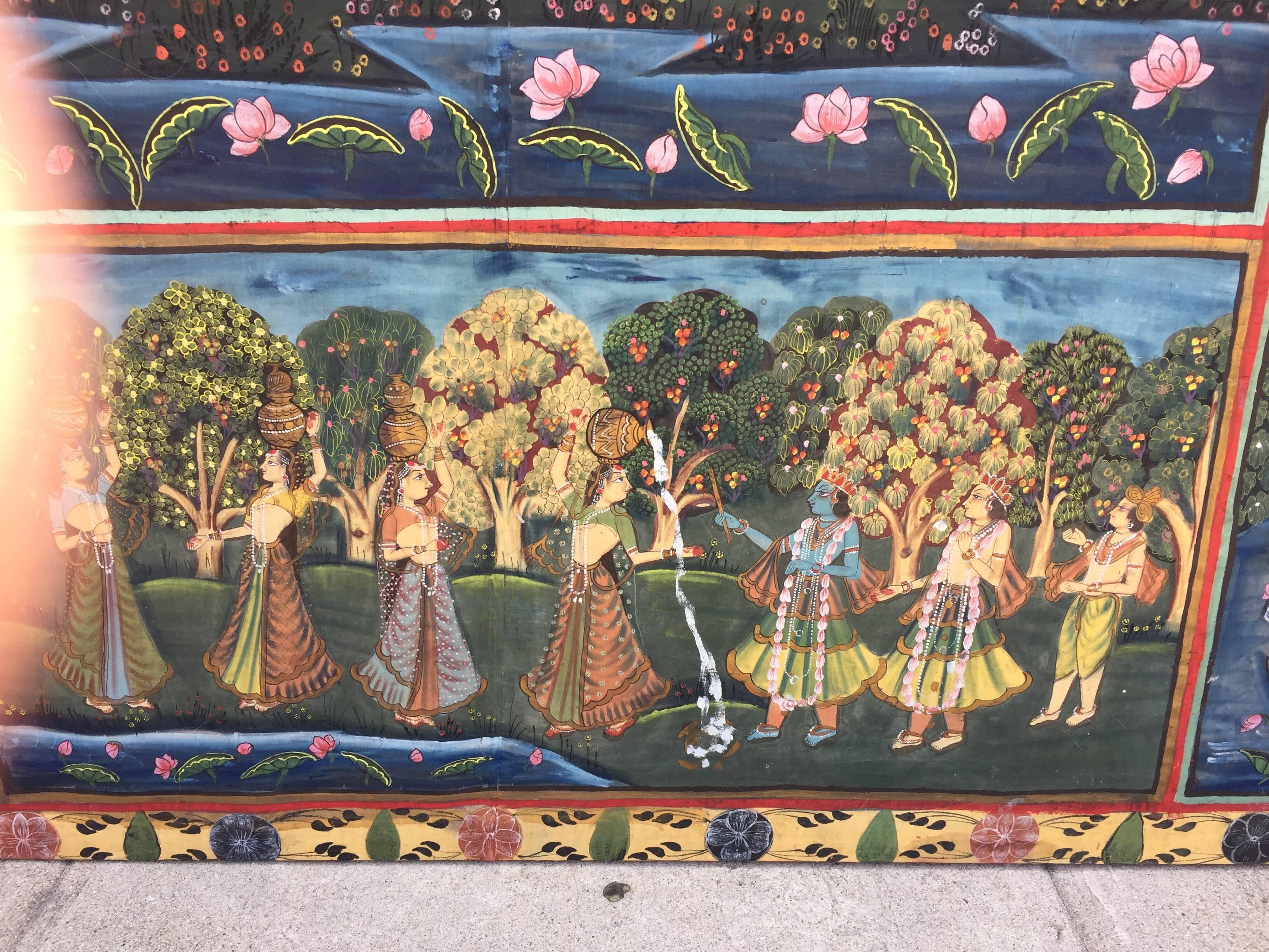 Large Colorful Pichhavai Silk Asian Painting with Krishna and Female Gopis 1