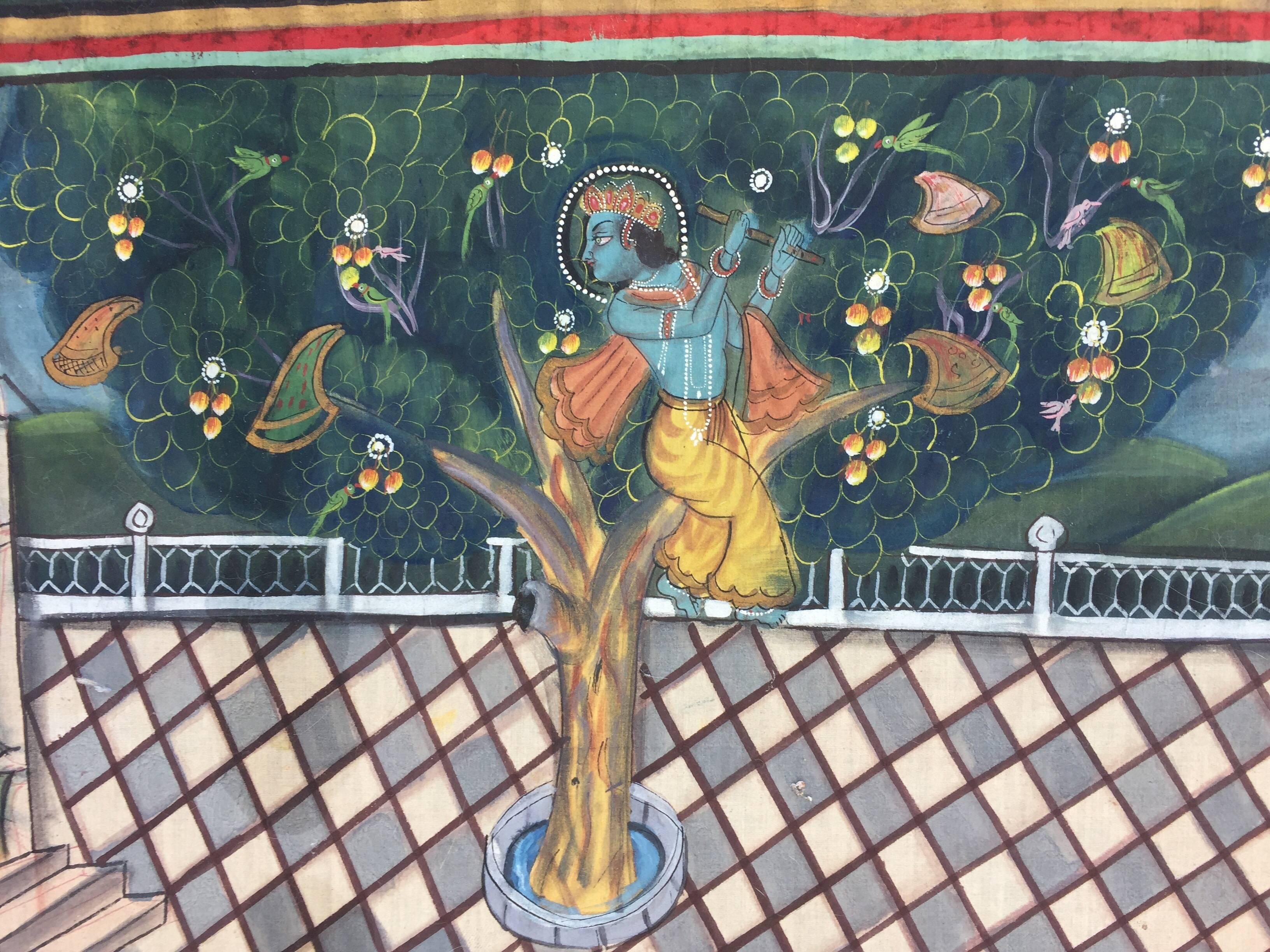 Large Colorful Pichhavai Silk Asian Painting with Krishna and Female Gopis 2