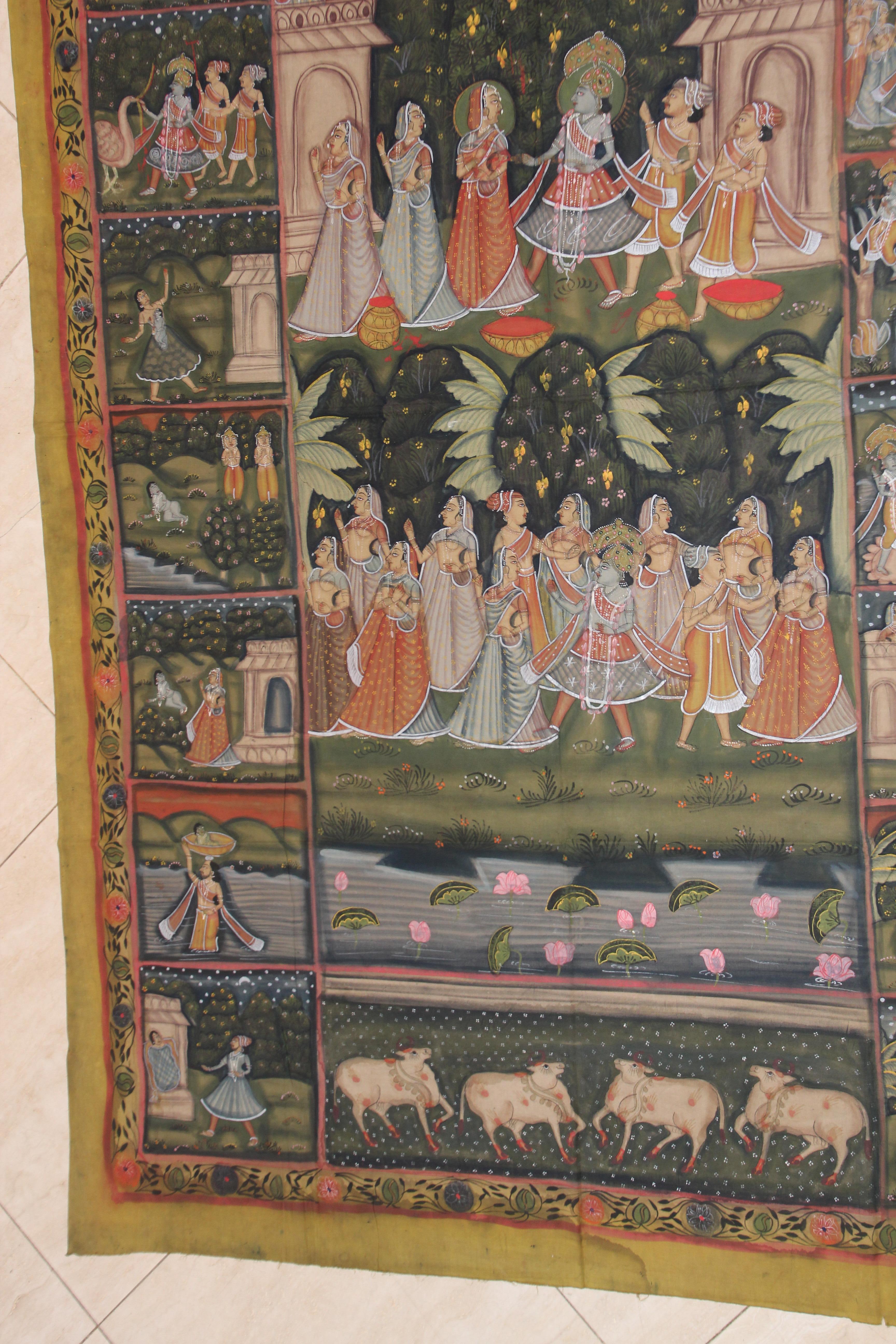 20th Century Large Colorful Pichhavai Silk Asian Painting with Krishna and Radha For Sale