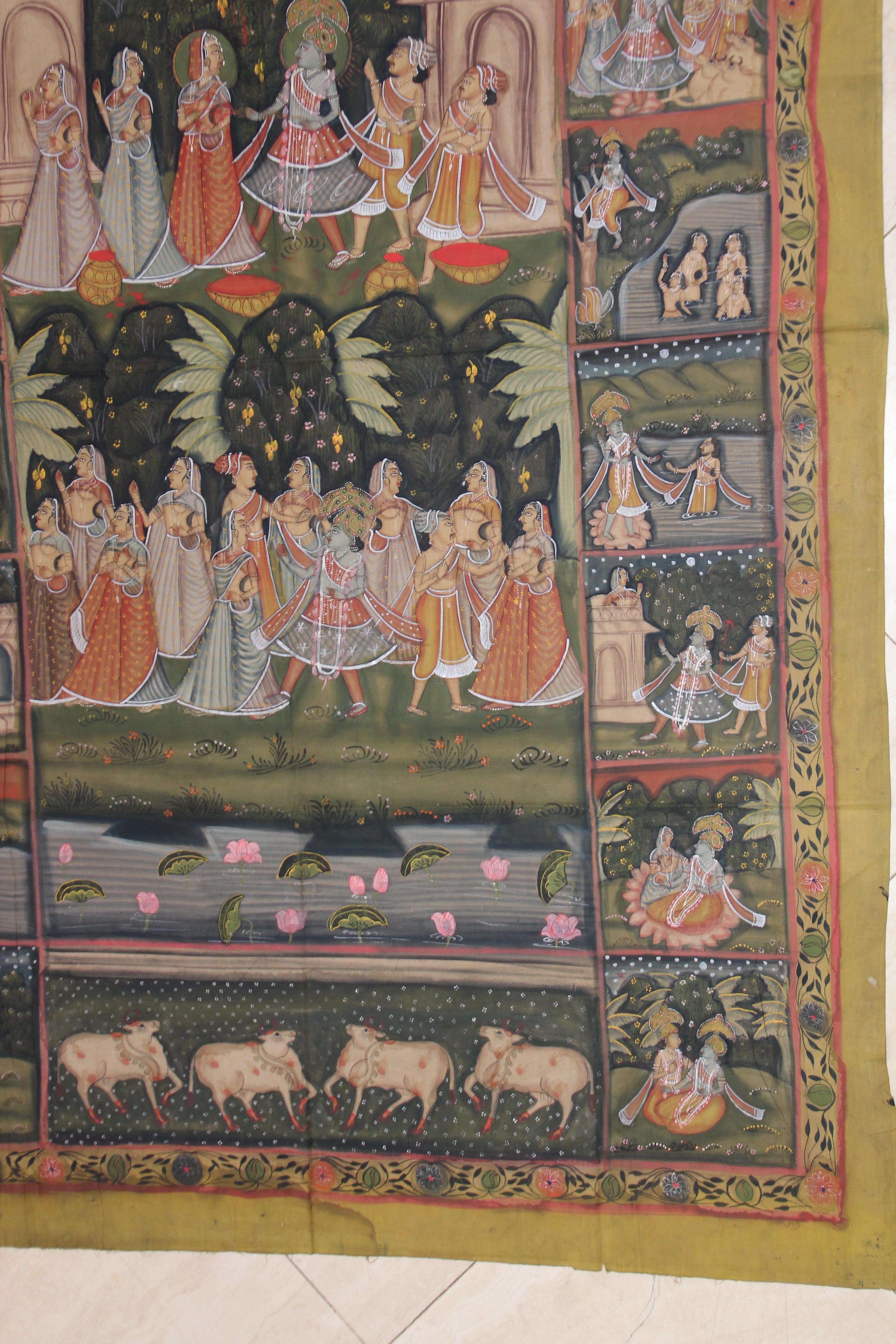 Large Colorful Pichhavai Silk Asian Painting with Krishna and Radha For Sale 1