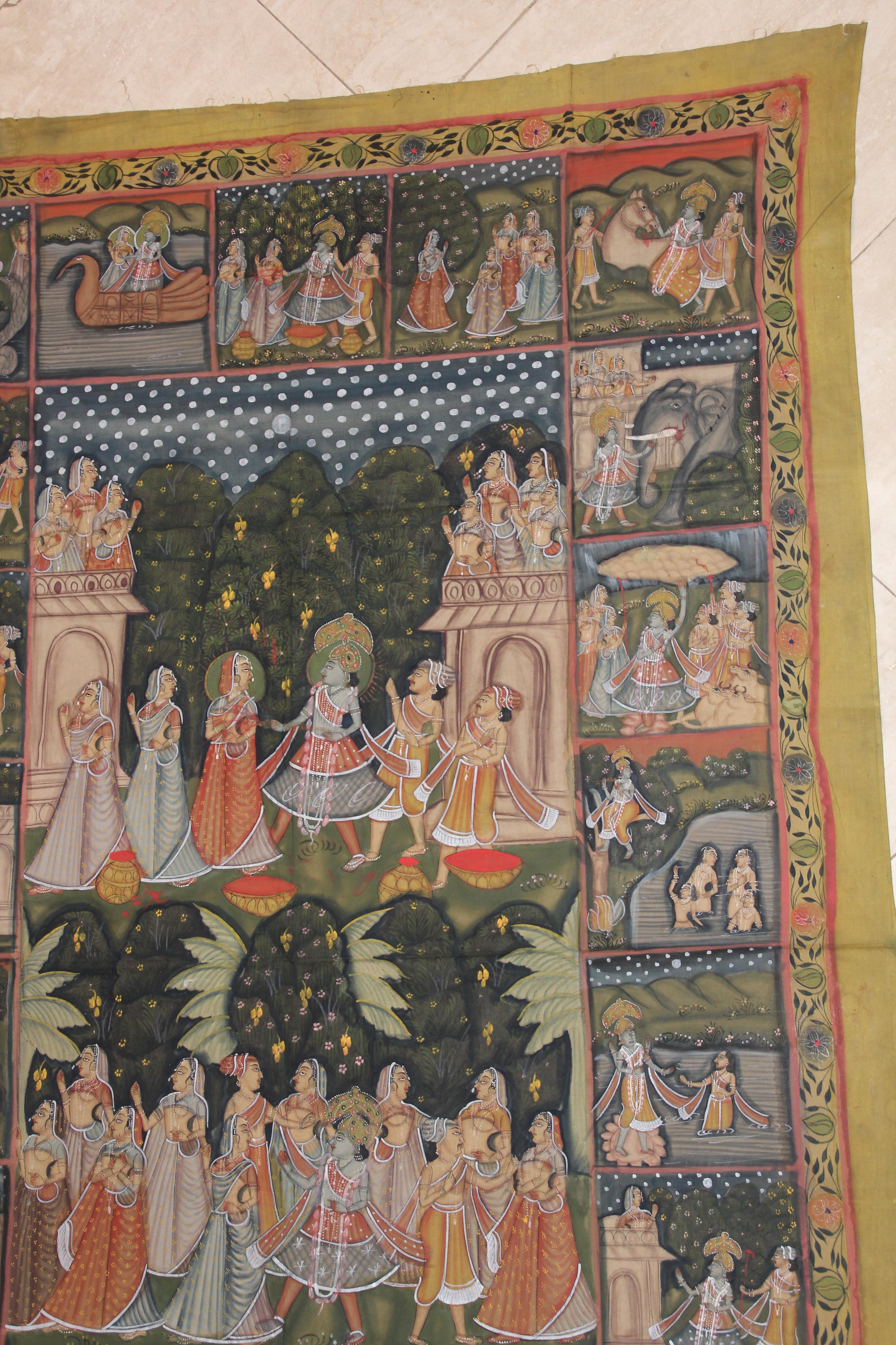 Large Colorful Pichhavai Silk Asian Painting with Krishna and Radha For Sale 2