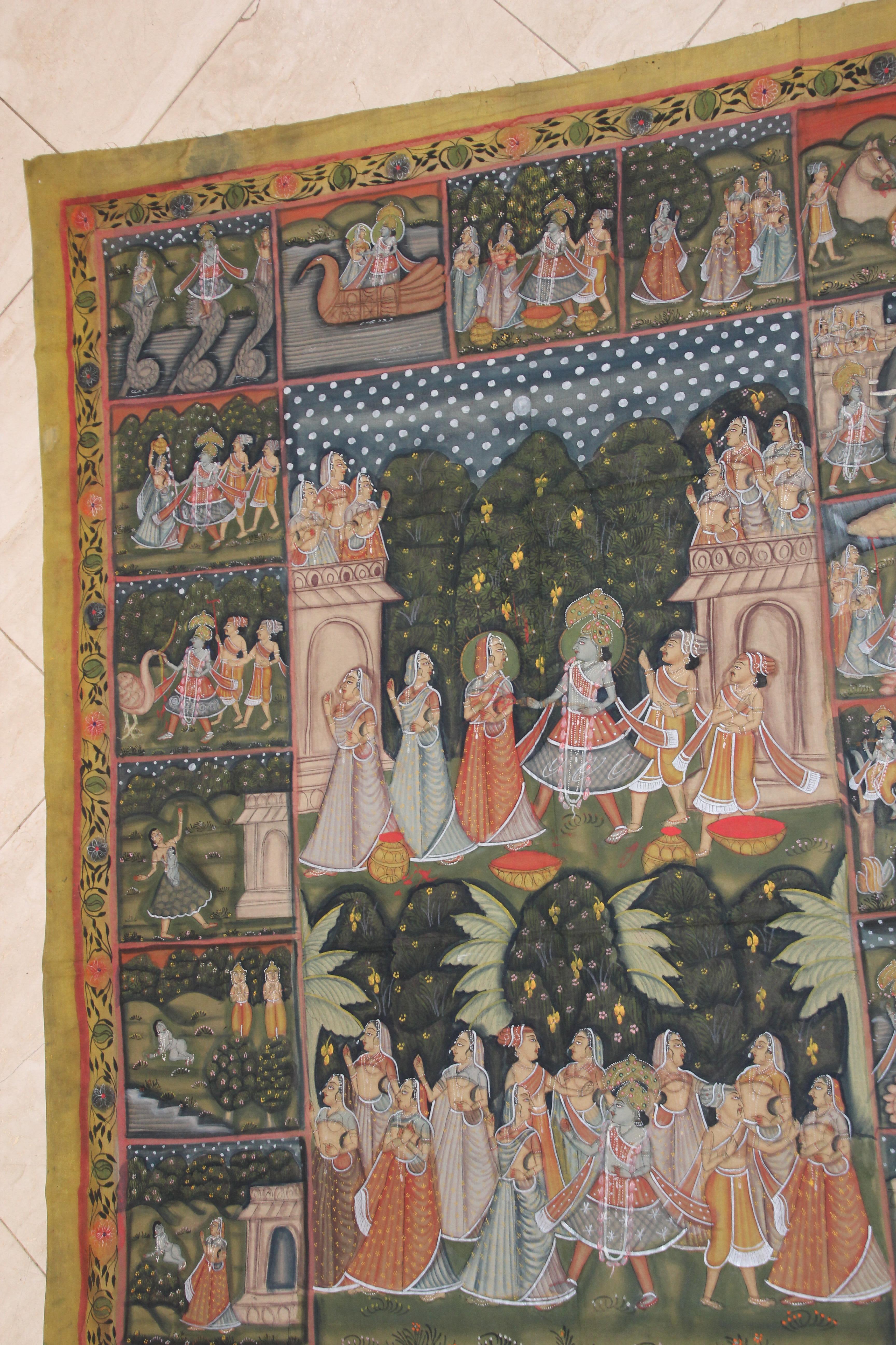 Large Colorful Pichhavai Silk Asian Painting with Krishna and Radha For Sale 3