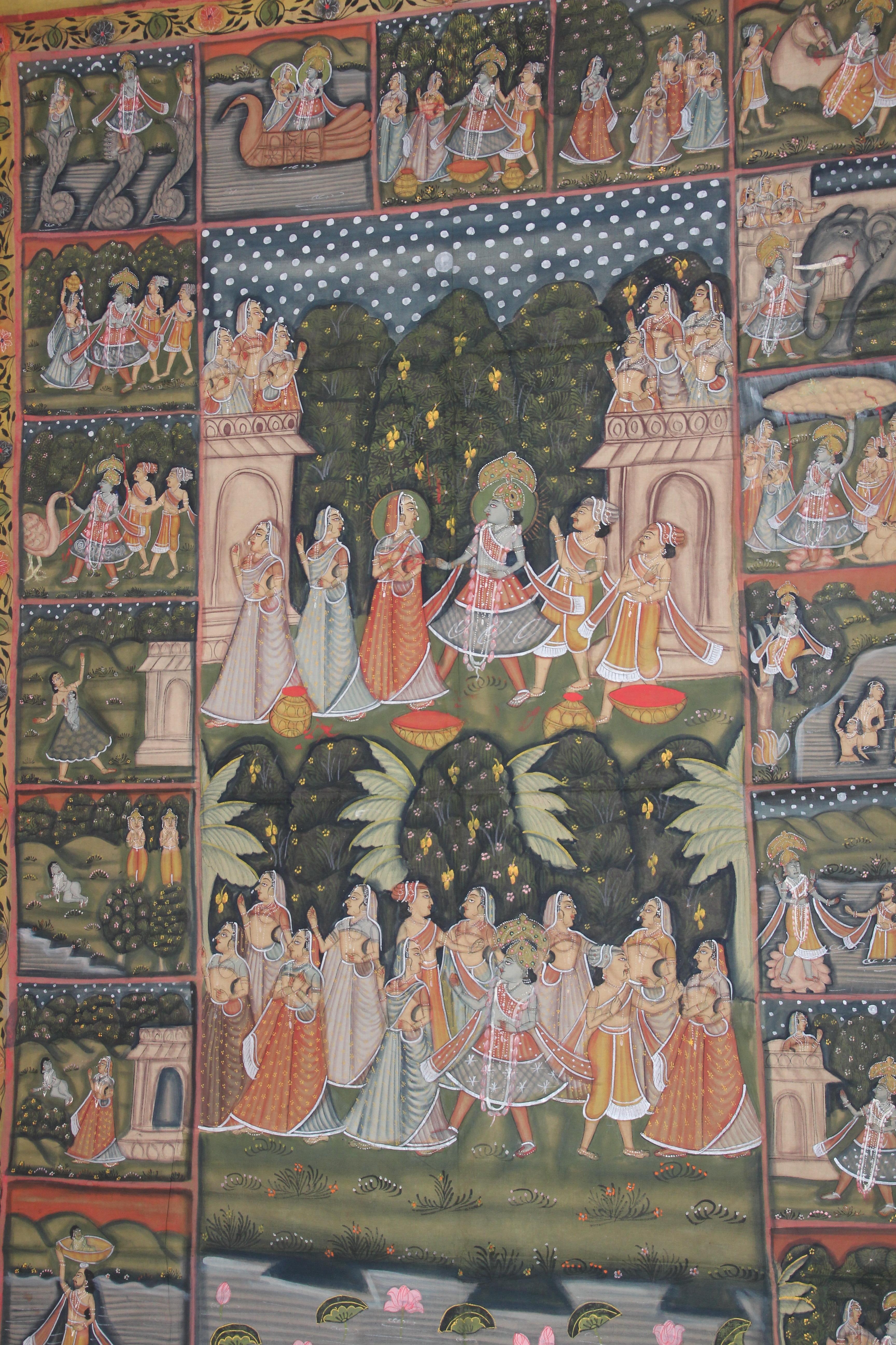 Large Colorful Pichhavai Silk Asian Painting with Krishna and Radha For Sale 4