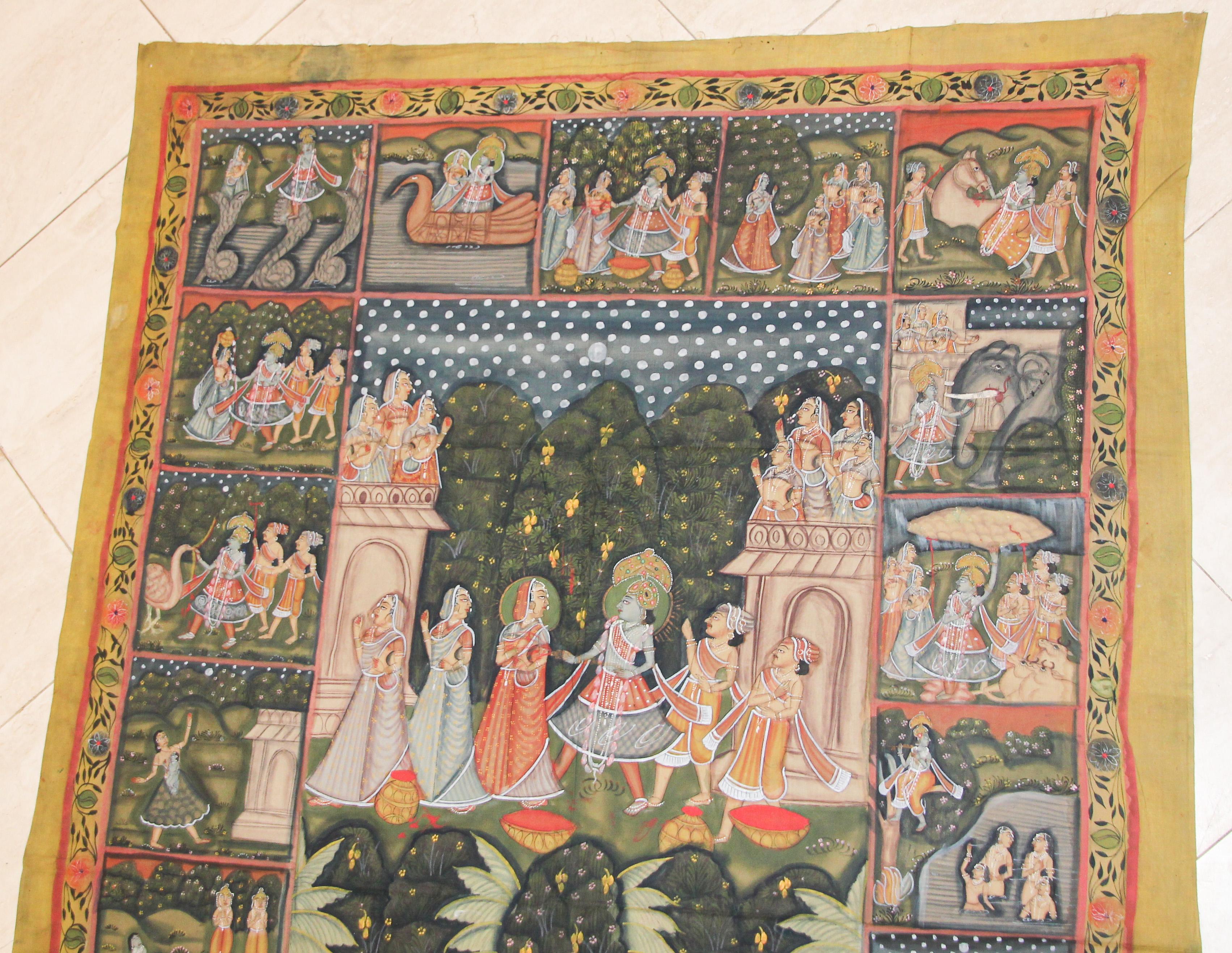 Large Colorful Pichhavai Silk Asian Painting with Krishna and Radha For Sale 5