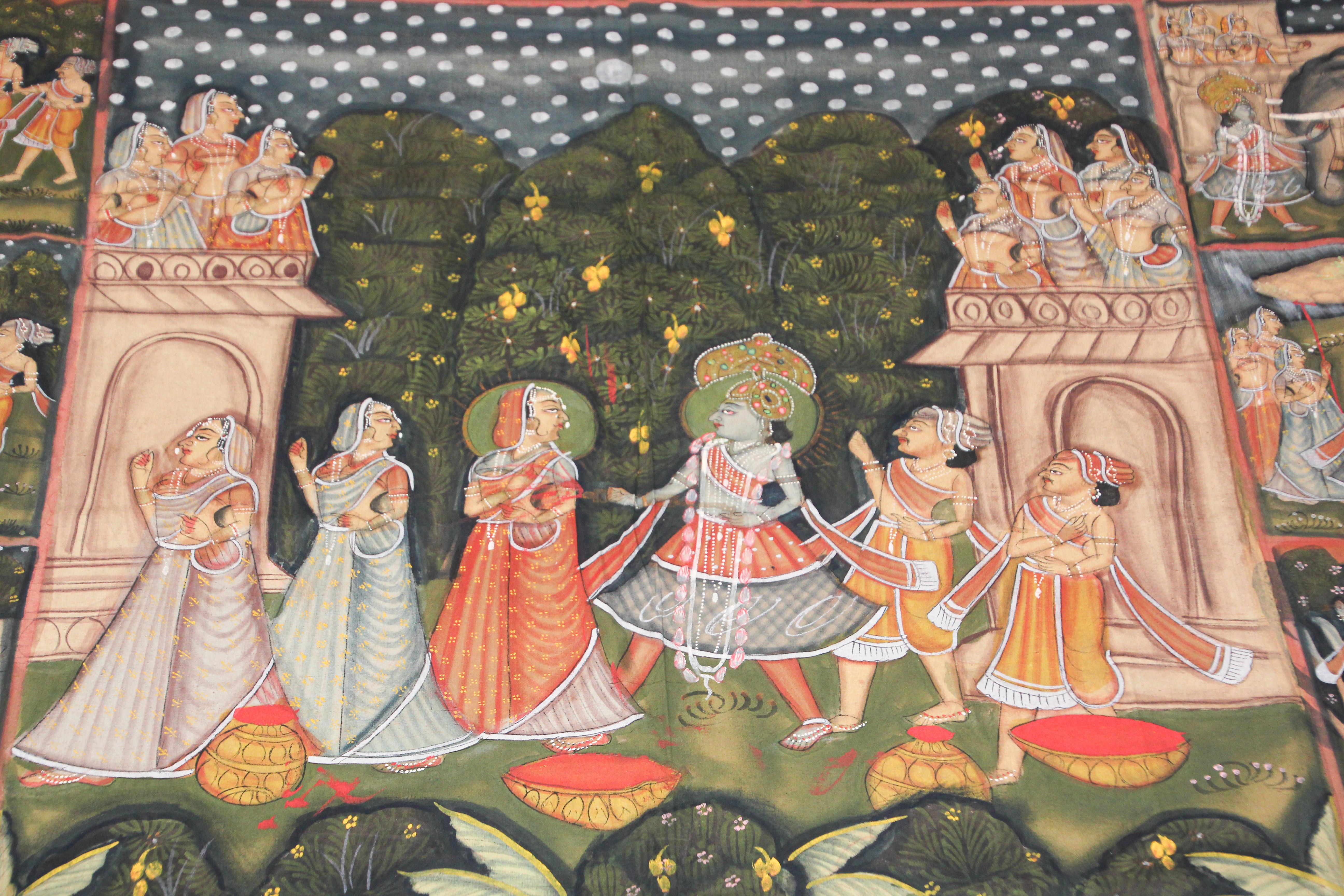 Large Colorful Pichhavai Silk Asian Painting with Krishna and Radha For Sale 6