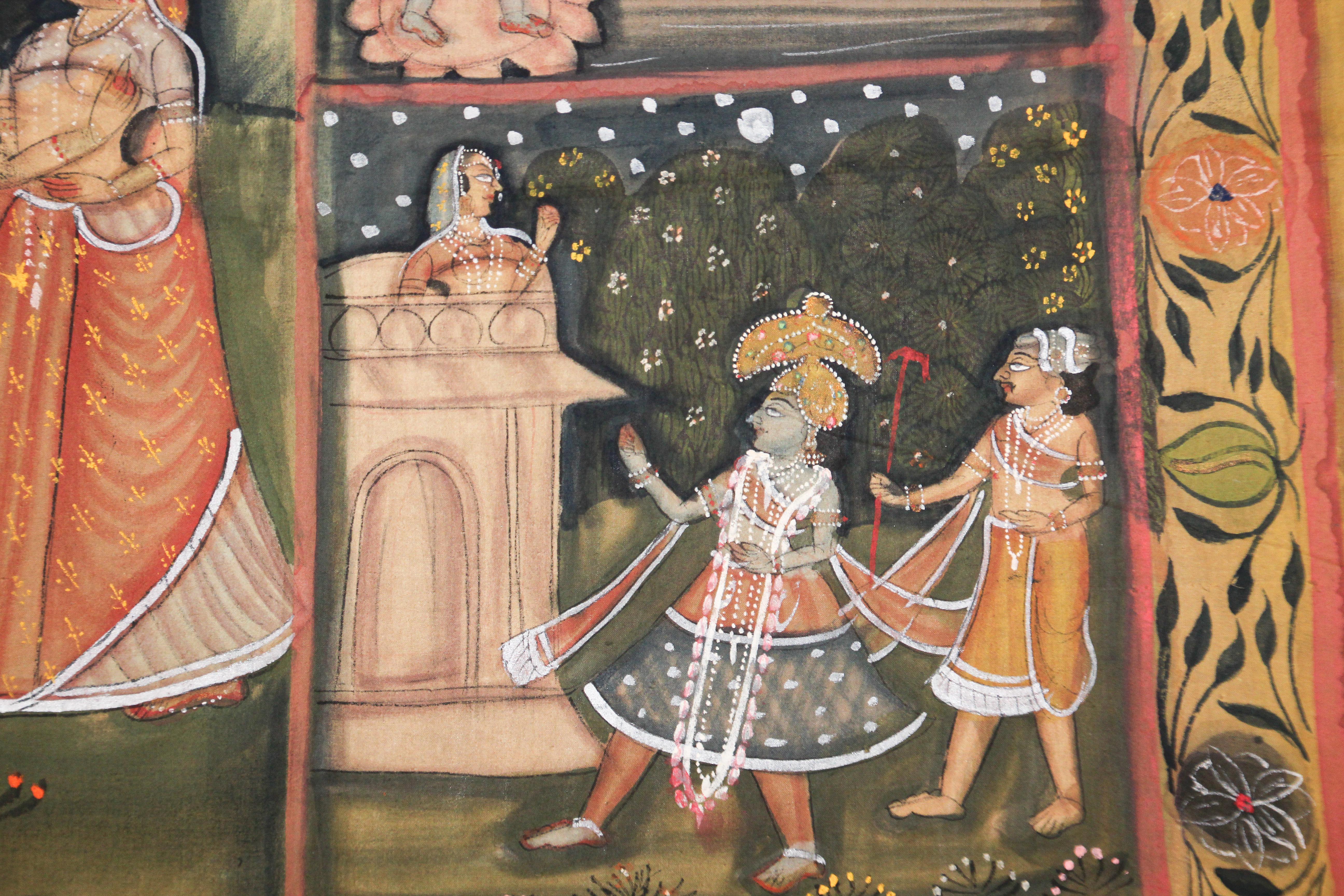 Large Colorful Pichhavai Silk Asian Painting with Krishna and Radha For Sale 9