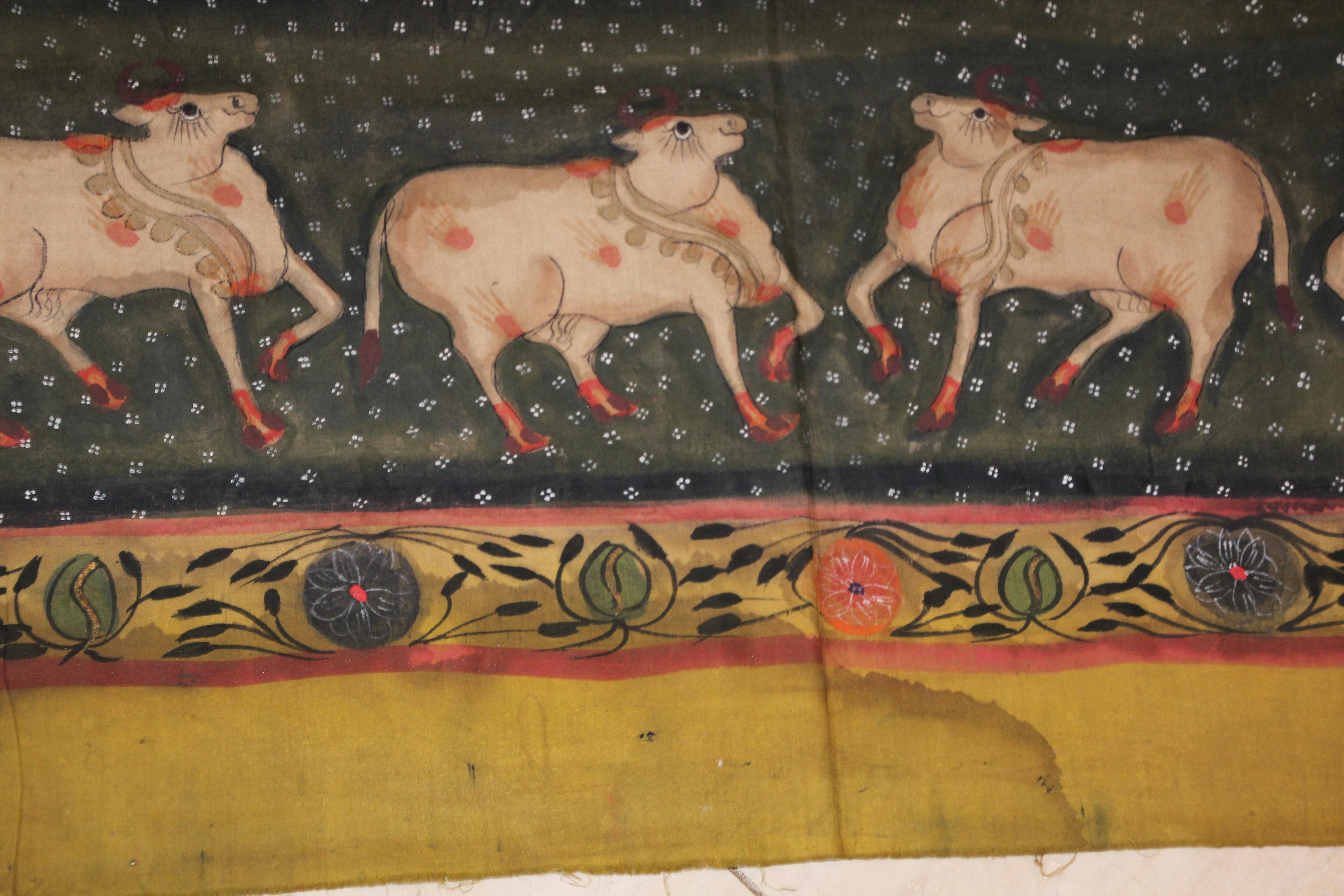 Agra Large Colorful Pichhavai Silk Asian Painting with Krishna and Radha For Sale