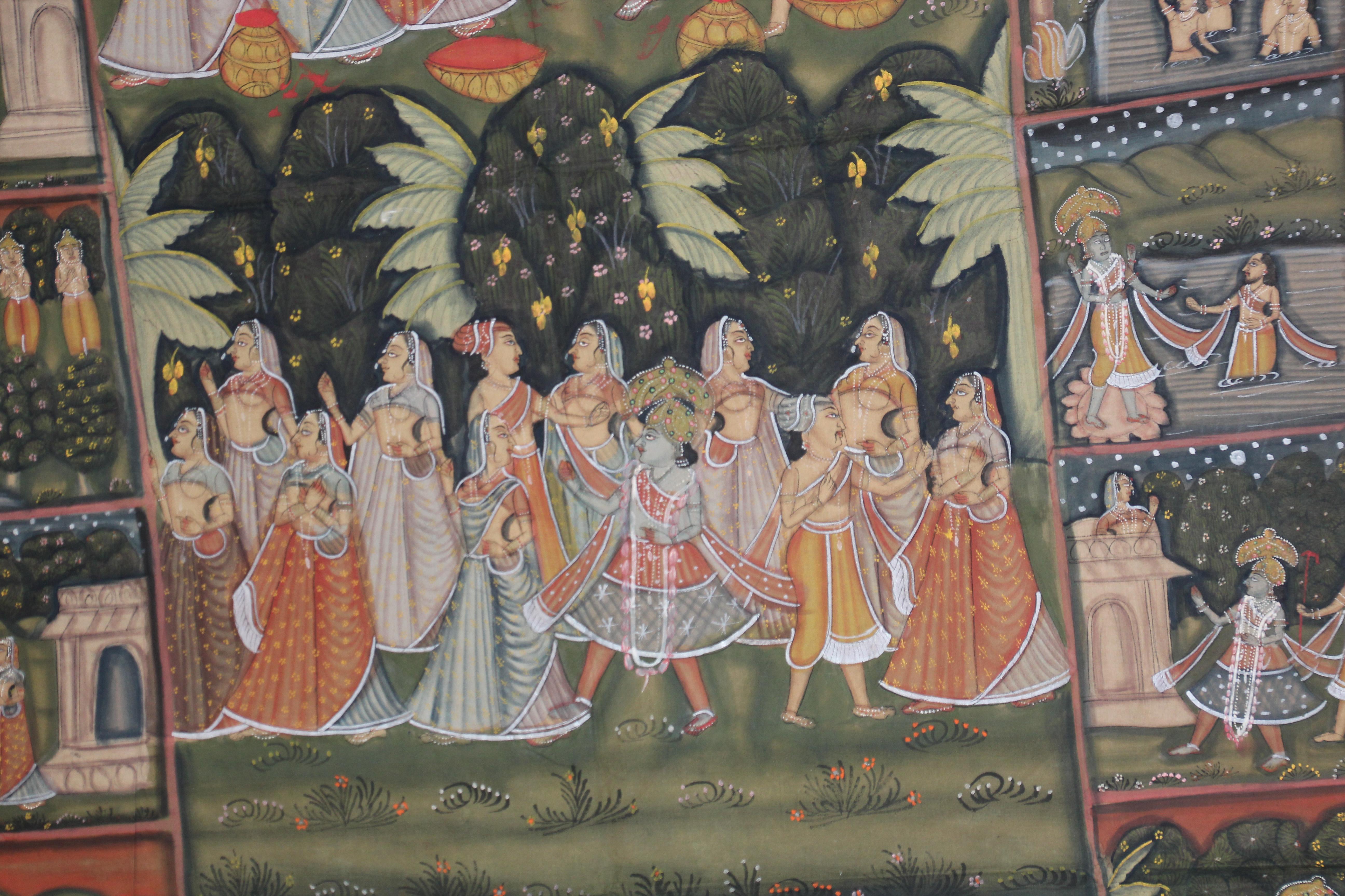 Indian Large Colorful Pichhavai Silk Asian Painting with Krishna and Radha For Sale