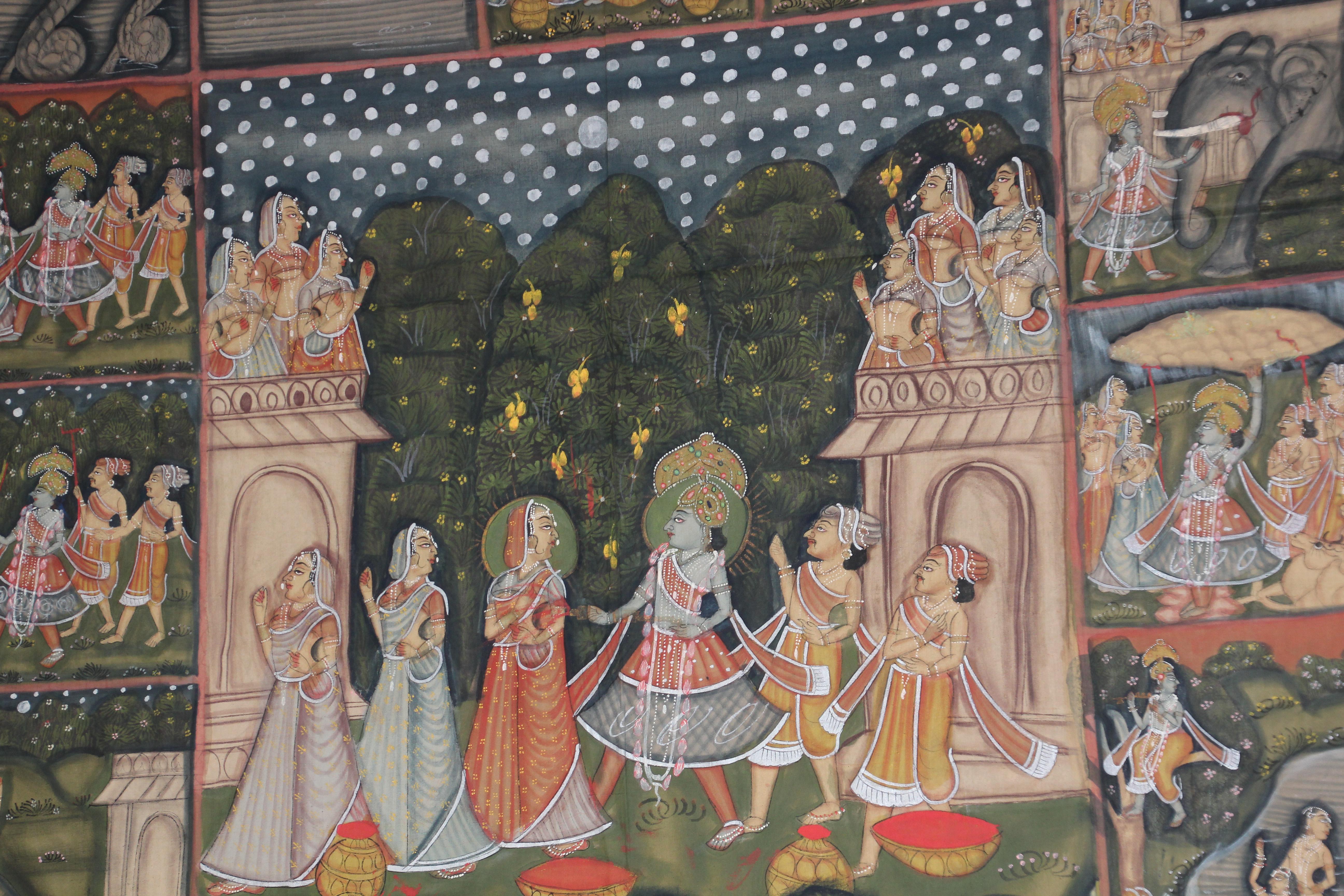 Hand-Painted Large Colorful Pichhavai Silk Asian Painting with Krishna and Radha For Sale